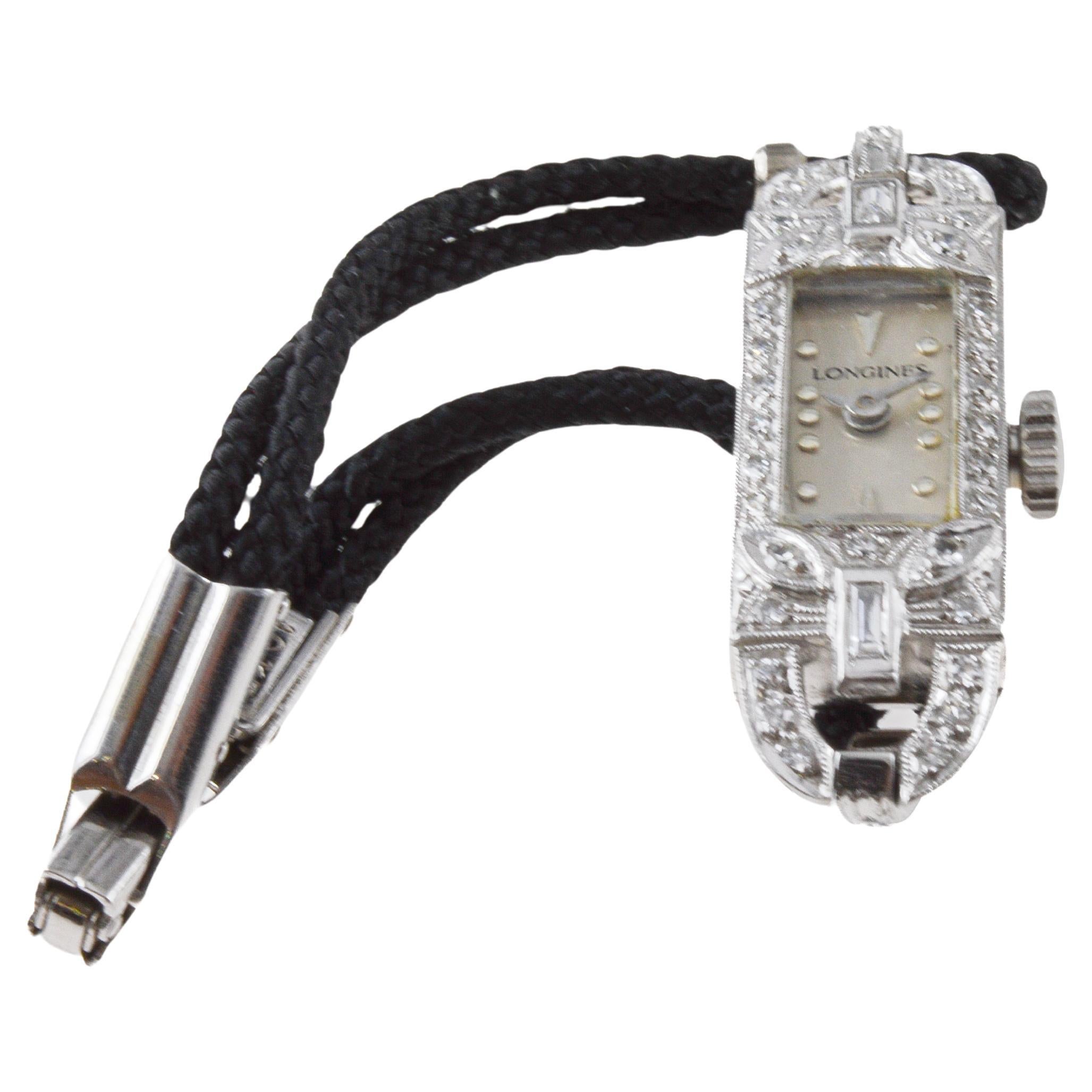 Longines Platinum Art Deco Ladies Dress Watch with Adjustable Cord Band For Sale 4