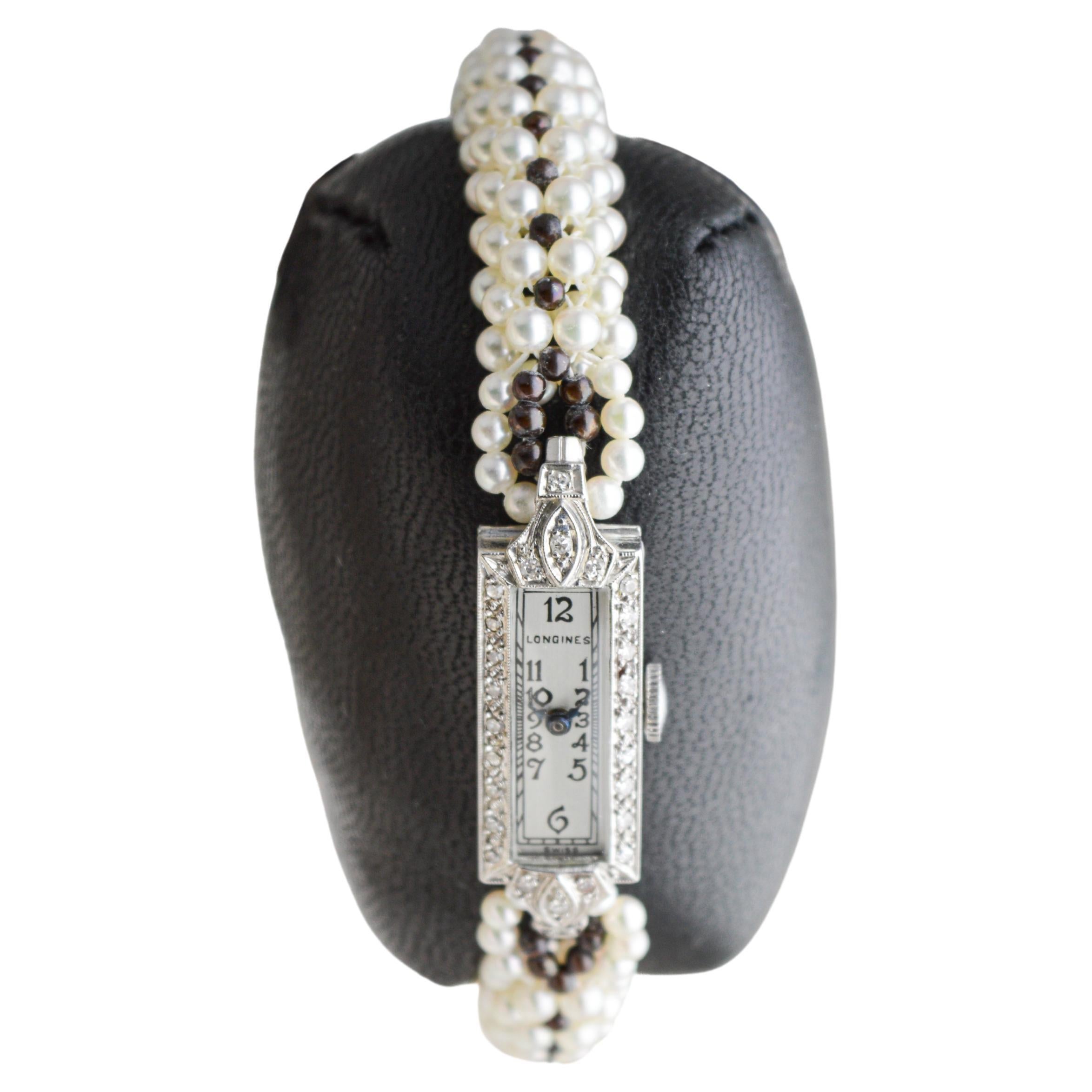 Montre de dame Longines en platine Art déco avec bracelet en perles circa, 1930 Pour femmes en vente