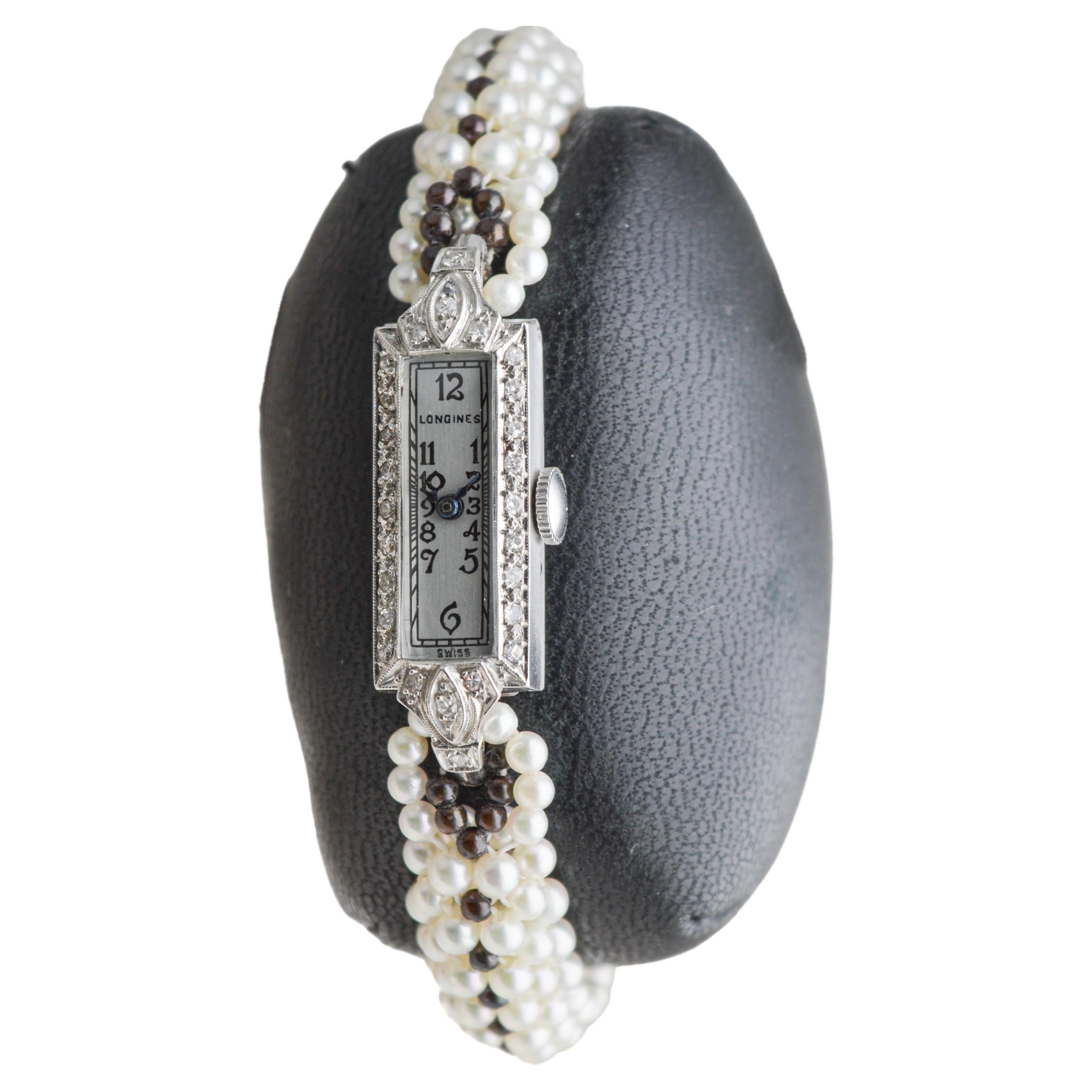 Longines Platinum Art Deco Ladies Watch with Pearl Bracelet circa, 1930's For Sale 2