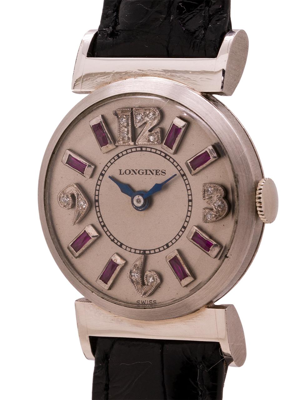 Longines Platinum Diamond and Ruby Set Ladies Watch, circa 1950s In Excellent Condition For Sale In West Hollywood, CA