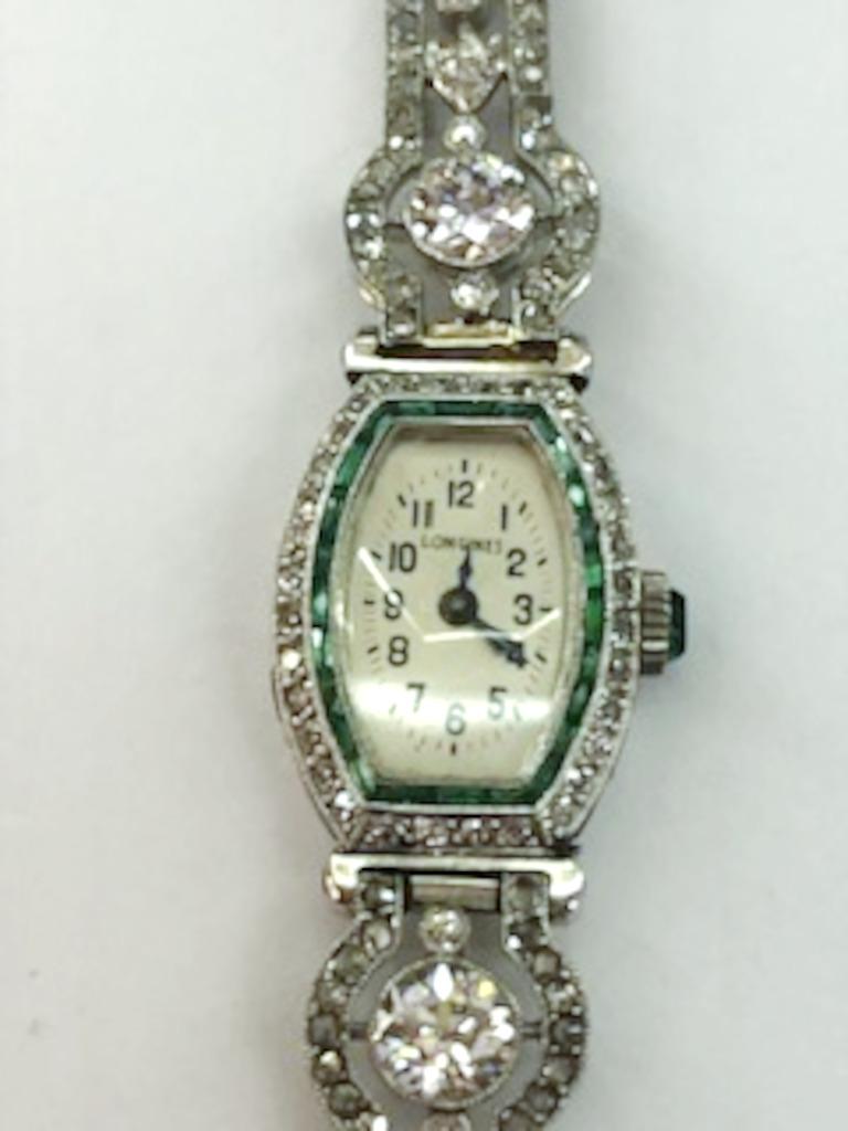 Orologio Longines in platino con smeraldo e diamante in vendita 5