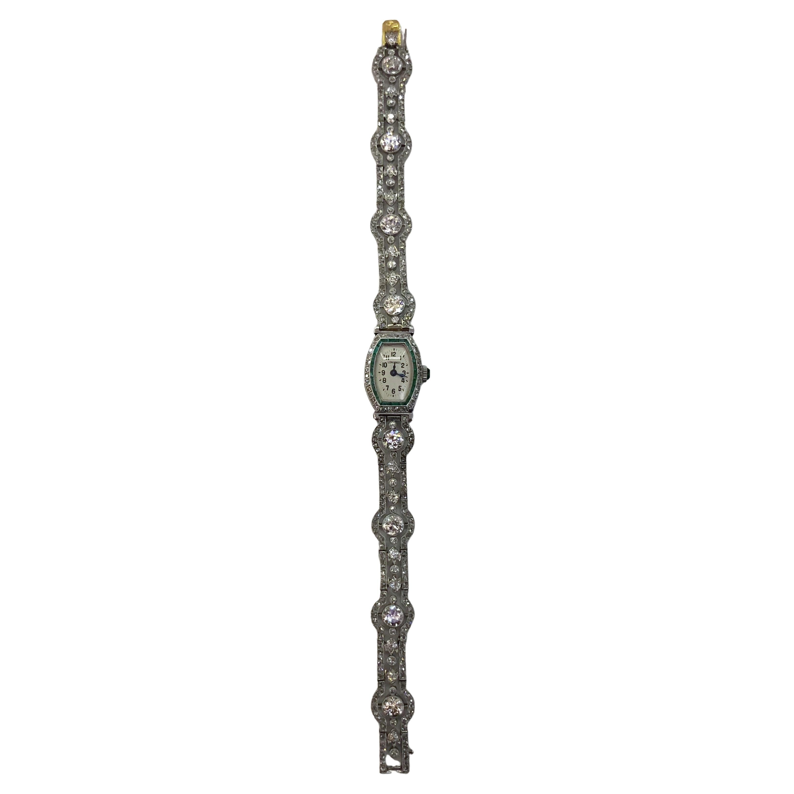 Longines Platinum Emerald and Diamond Watch