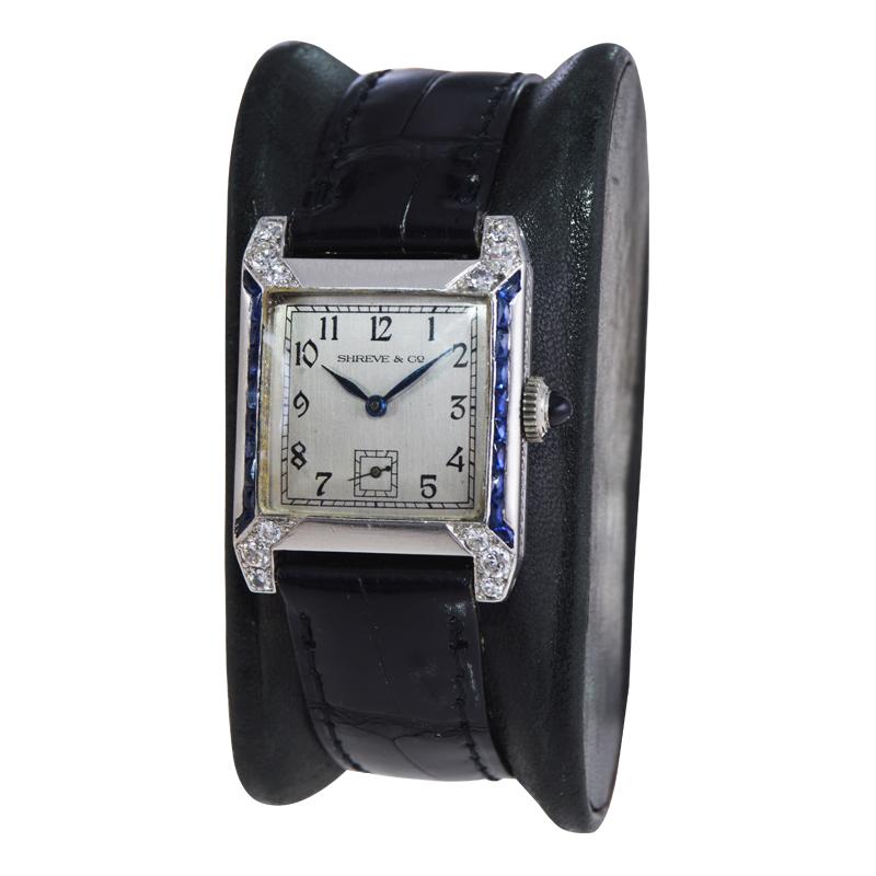 FACTORY / HOUSE: Longines Watch Company
STYLE / REFERENCE: Art Deco / Dress Style
METAL / MATERIAL: Platinum / Diamond and Sapphire
CIRCA / YEAR: 1945
DIMENSIONS / SIZE: Length 31mm x Width 24mm
MOVEMENT / CALIBER: Manual Winding / 17 Jewels /