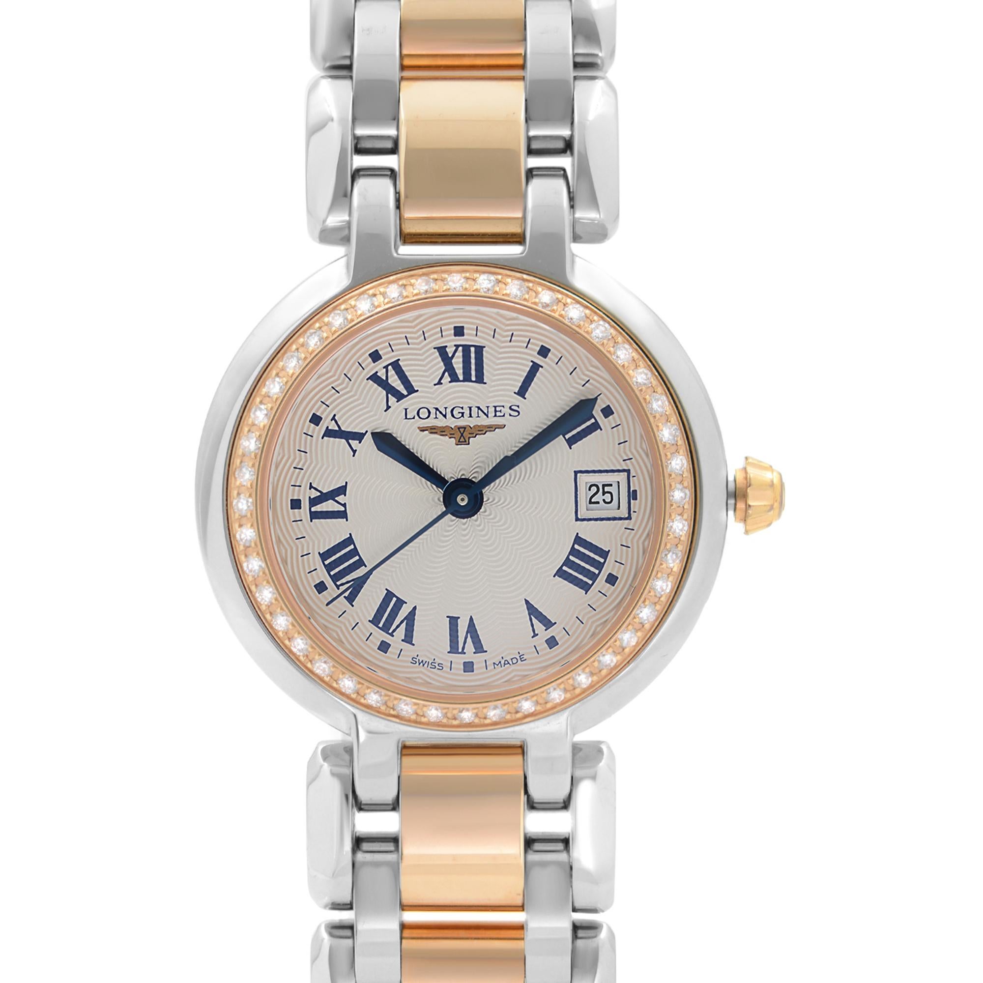 Pre-owned Like New Longines PrimaLuna 18k Rose Gold Stainless Steel Cream Roman Dial Quartz Ladies Watch L8.110.5.79.6. This Beautiful Timepiece Features: Stainless Steel Case with a Two-Tone Stainless Steel Bracelet, Fixed 18k Rose Gold Bezel Set