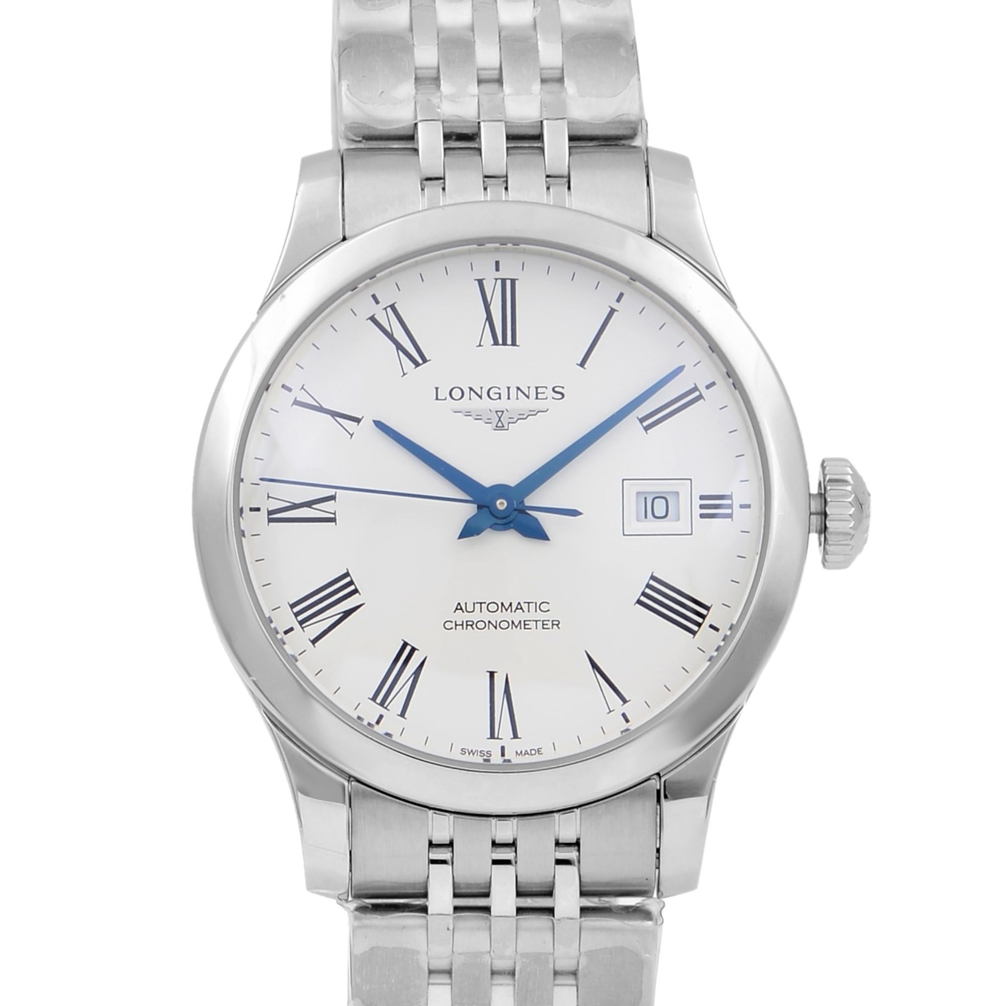 This display model Longines Record L2.321.4.11.6 is a beautiful Ladie's timepiece that is powered by mechanical (automatic) movement which is cased in a stainless steel case. It has a round shape face, date indicator dial and has hand roman numerals