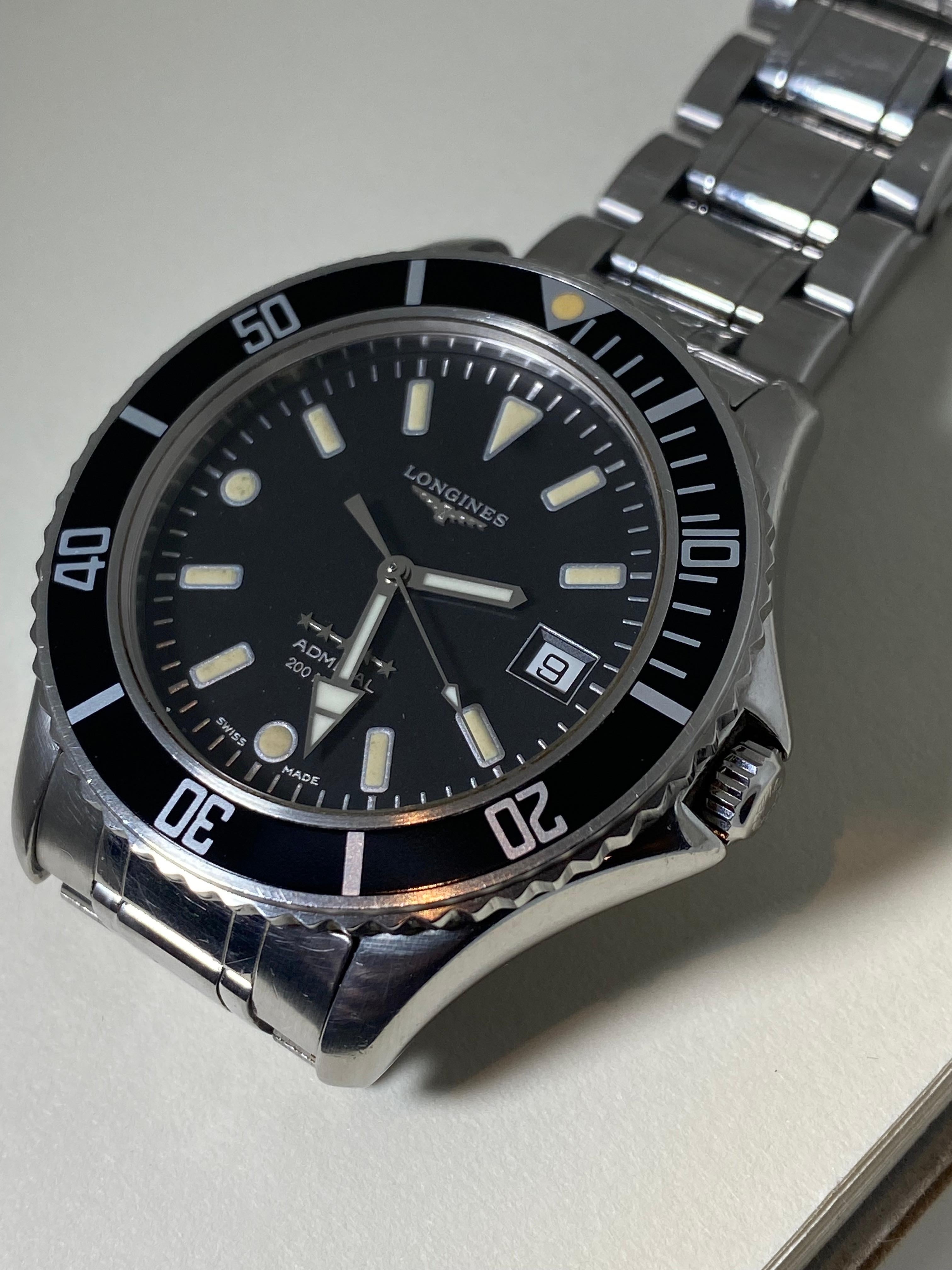 Longines ref. 7463 5-Star Admiral 200m Automatic Divers Watch. Box + Link. 90's. In Excellent Condition For Sale In MELBOURNE, AU