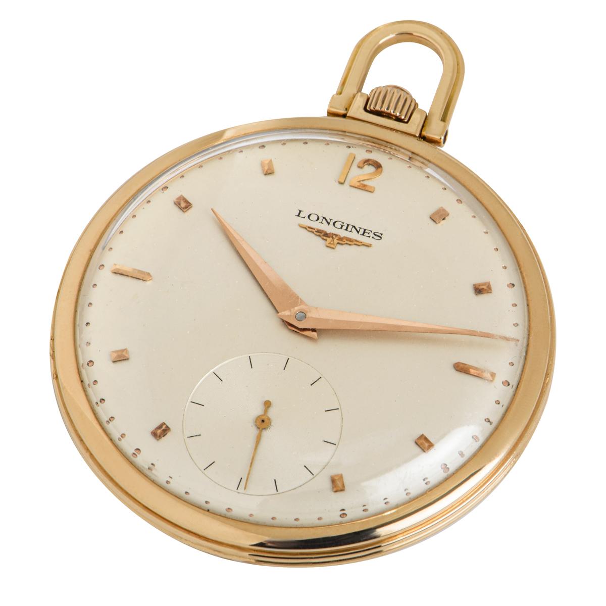 Longines Rose Gold Open Face Keyless Lever Gentleman's Dress pocket Watch C1920 In Good Condition For Sale In London, GB
