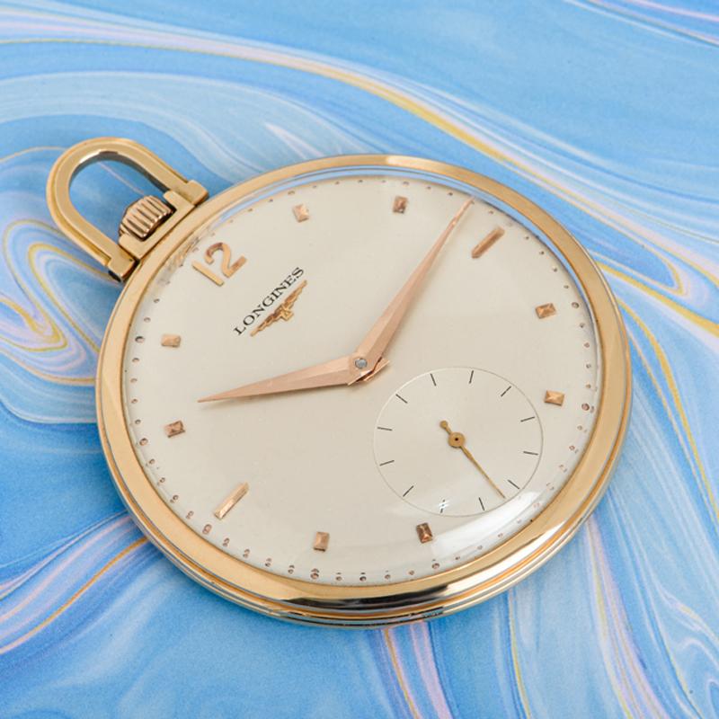 Longines Rose Gold Open Face Keyless Lever Gentleman's Dress pocket Watch C1920 For Sale 2