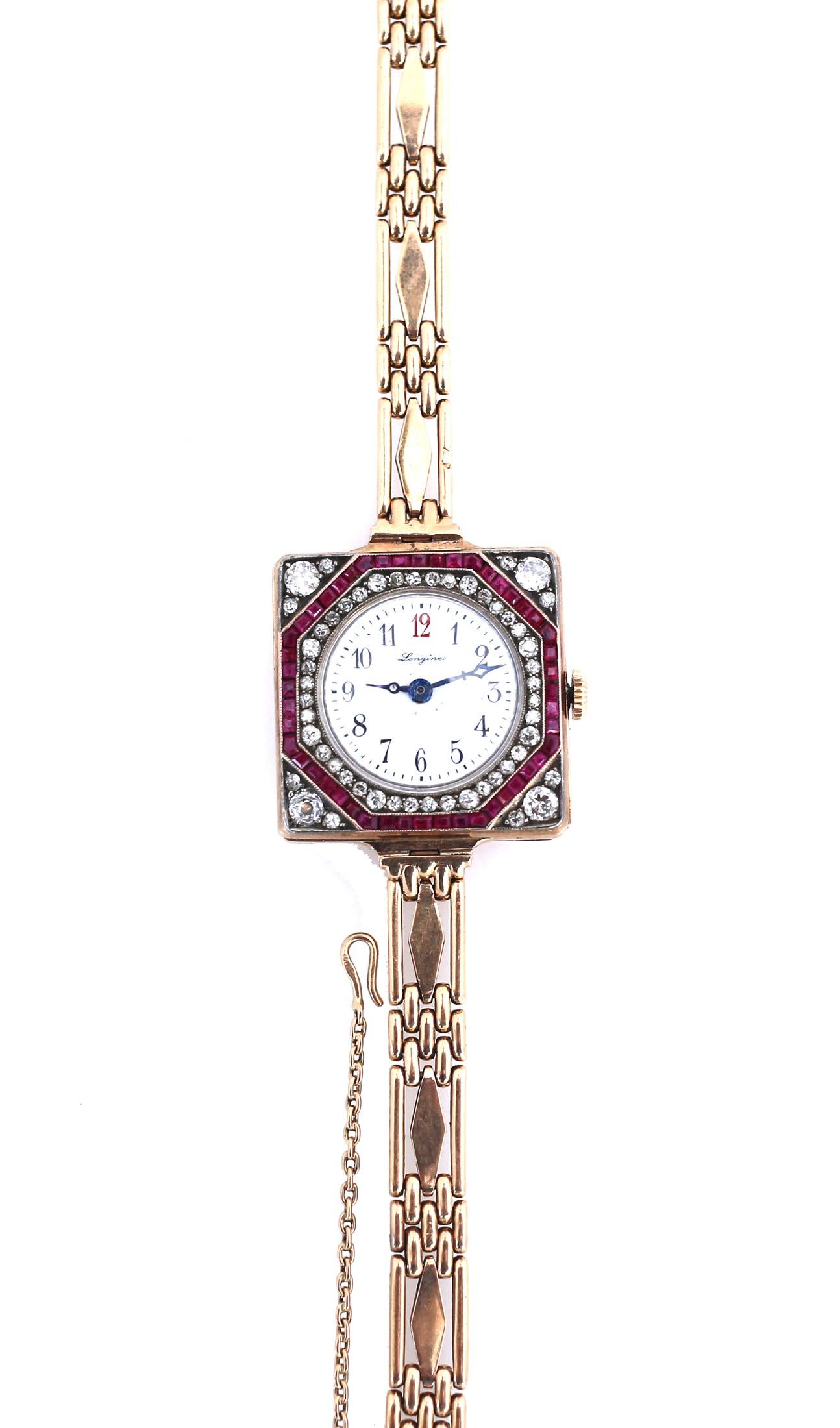 Longines Montre de collection unique en or 56 diamants et rubis pour femme importante, 1910 en vente 5
