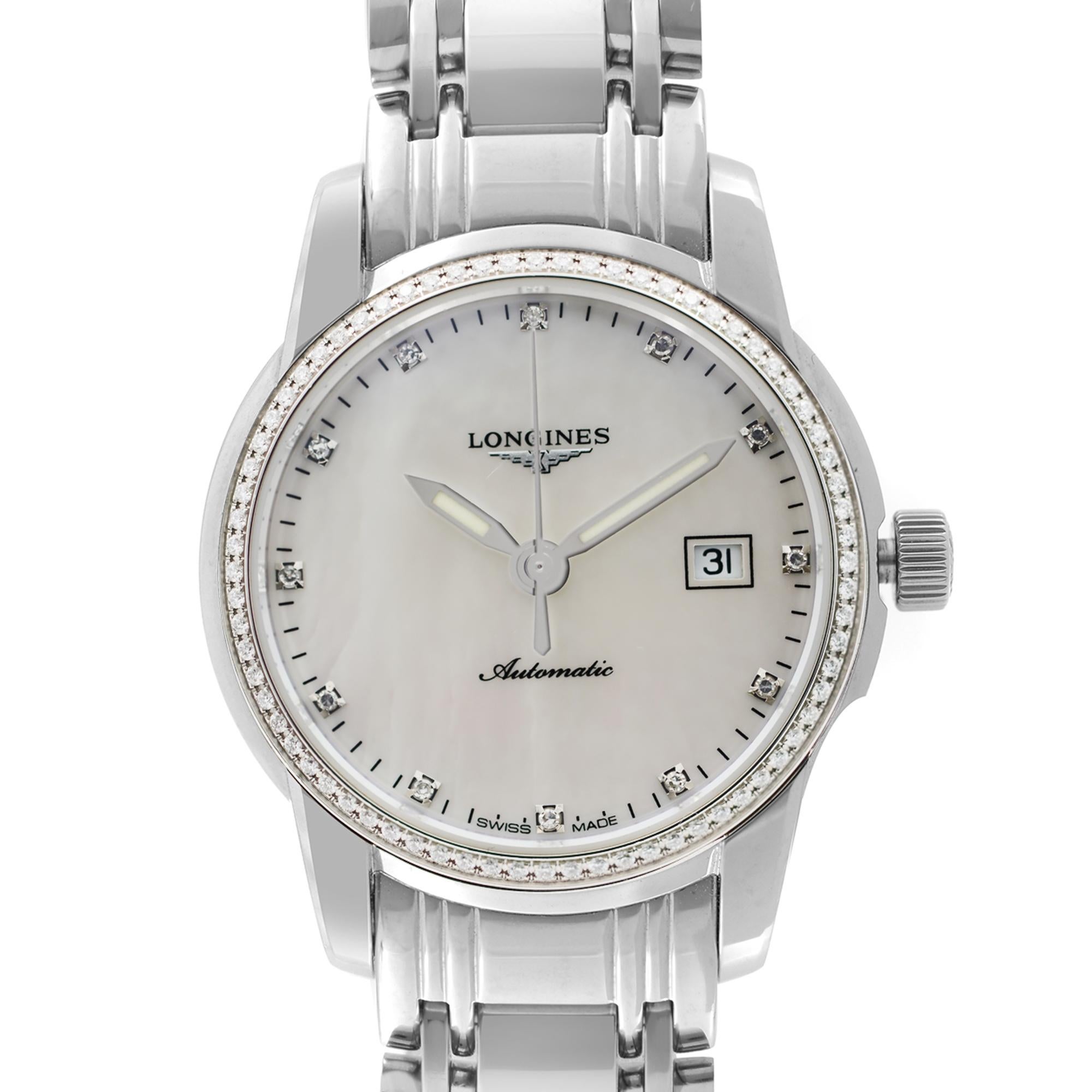 Display Model Longines Saint Imier Stainless Steel White Diamond Dial Automatic Ladies Watch L2.563.0.87.6 This Beautiful Timepiece Features: Stainless Steel Case & Bracelet, Fixed Diamond Imbedded Bezel, White Dial with Luminous Silver-Tone Hands &