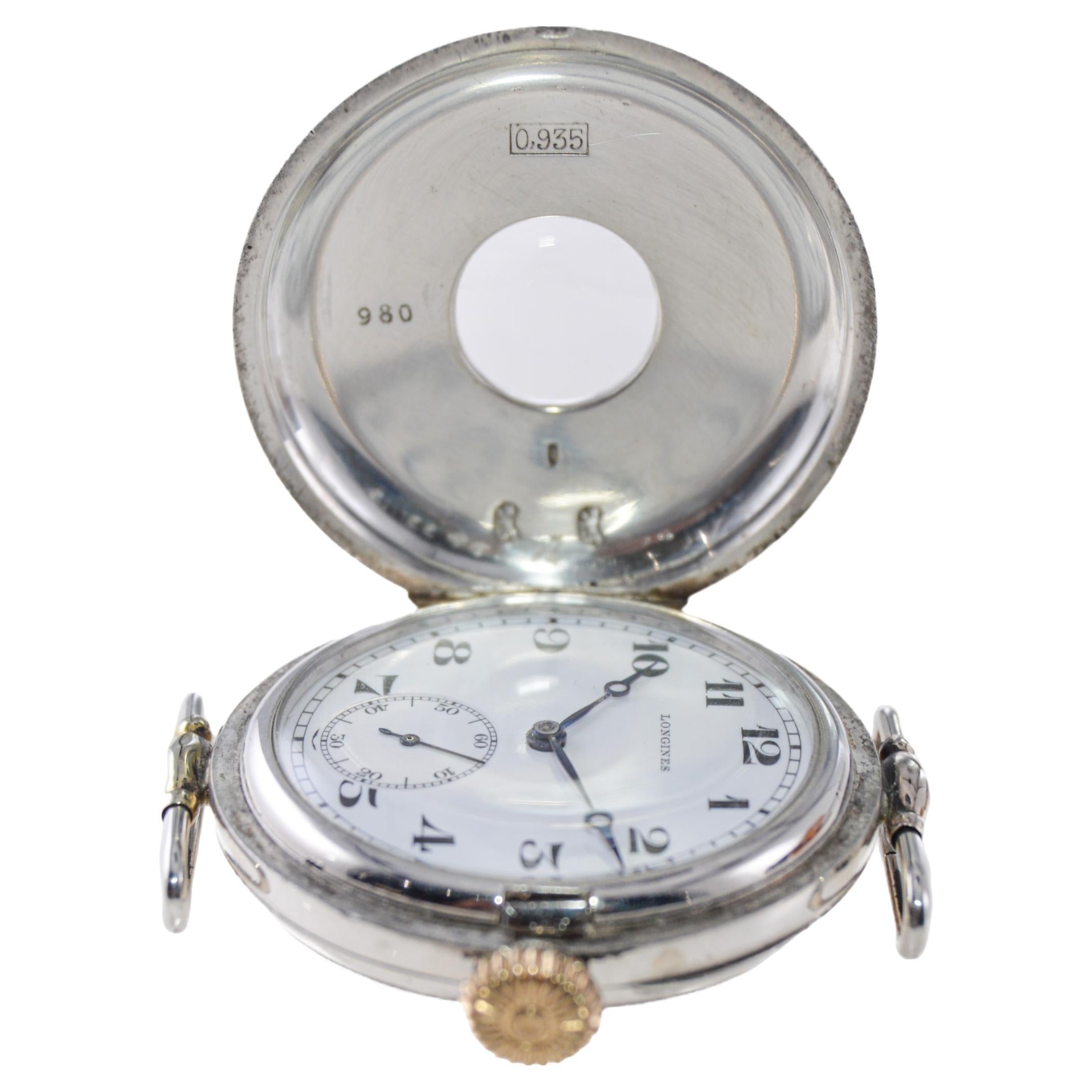 Art Deco Longines Silver Half Hunter Trench Watch with Original Kiln Fired Dial 1925 For Sale