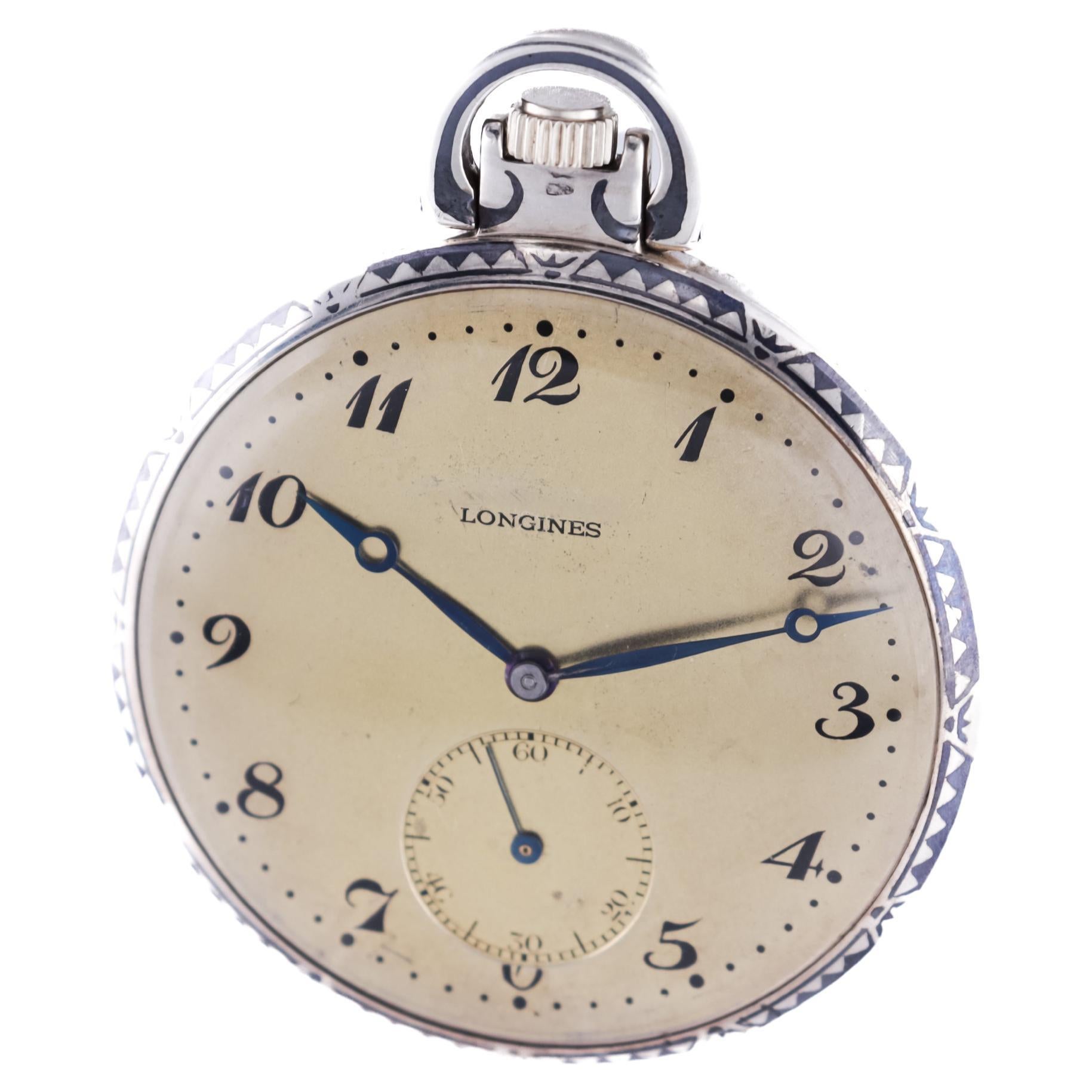 Orologio Longines Silver & Niello del 1915 Quadrante di Stern Freres Catena abbinata In condizioni ottime in vendita a Long Beach, CA