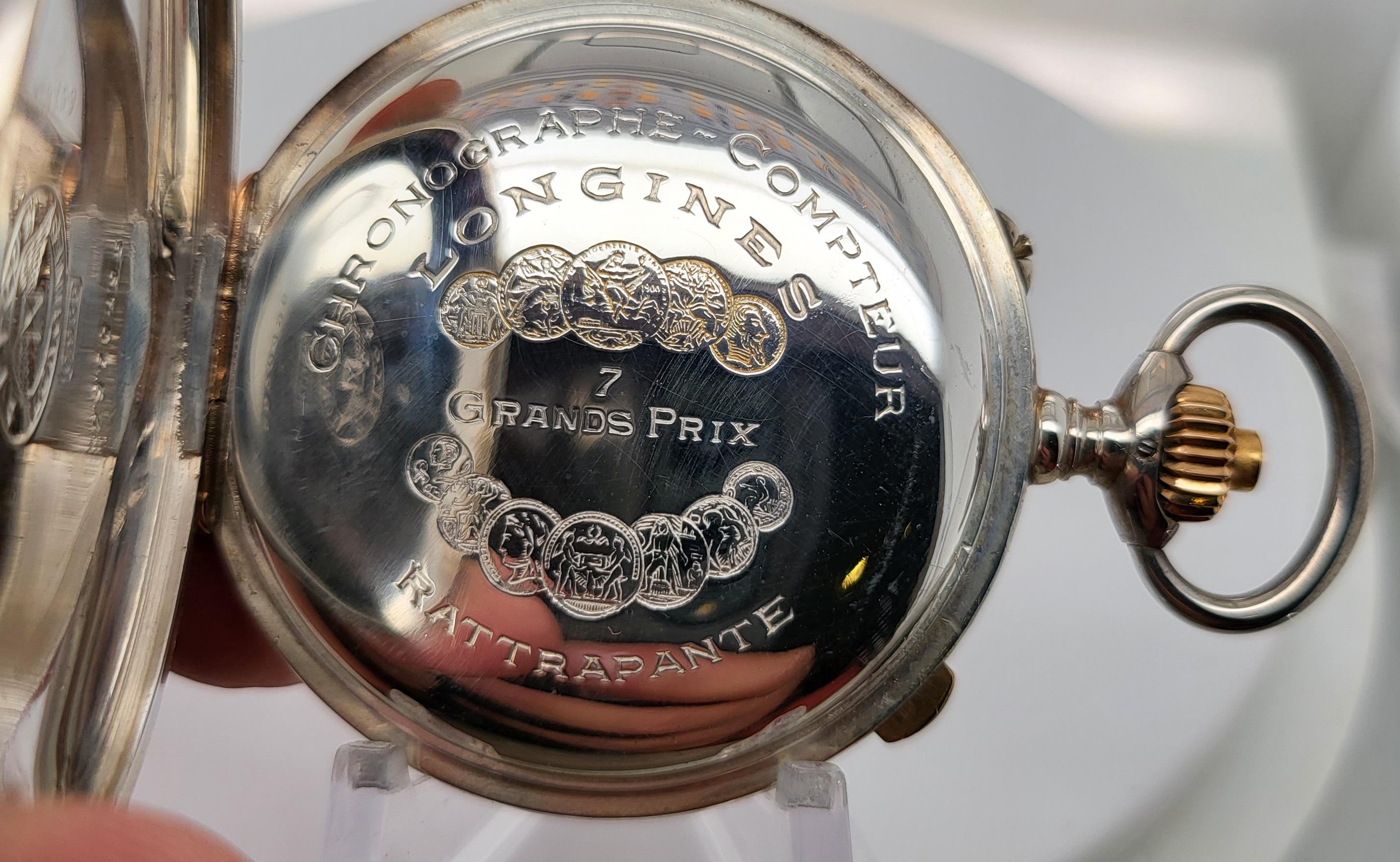 Longines Silver Pocket Watch Chronograph Rattrapante/Split Second 7 Grands Prix 7