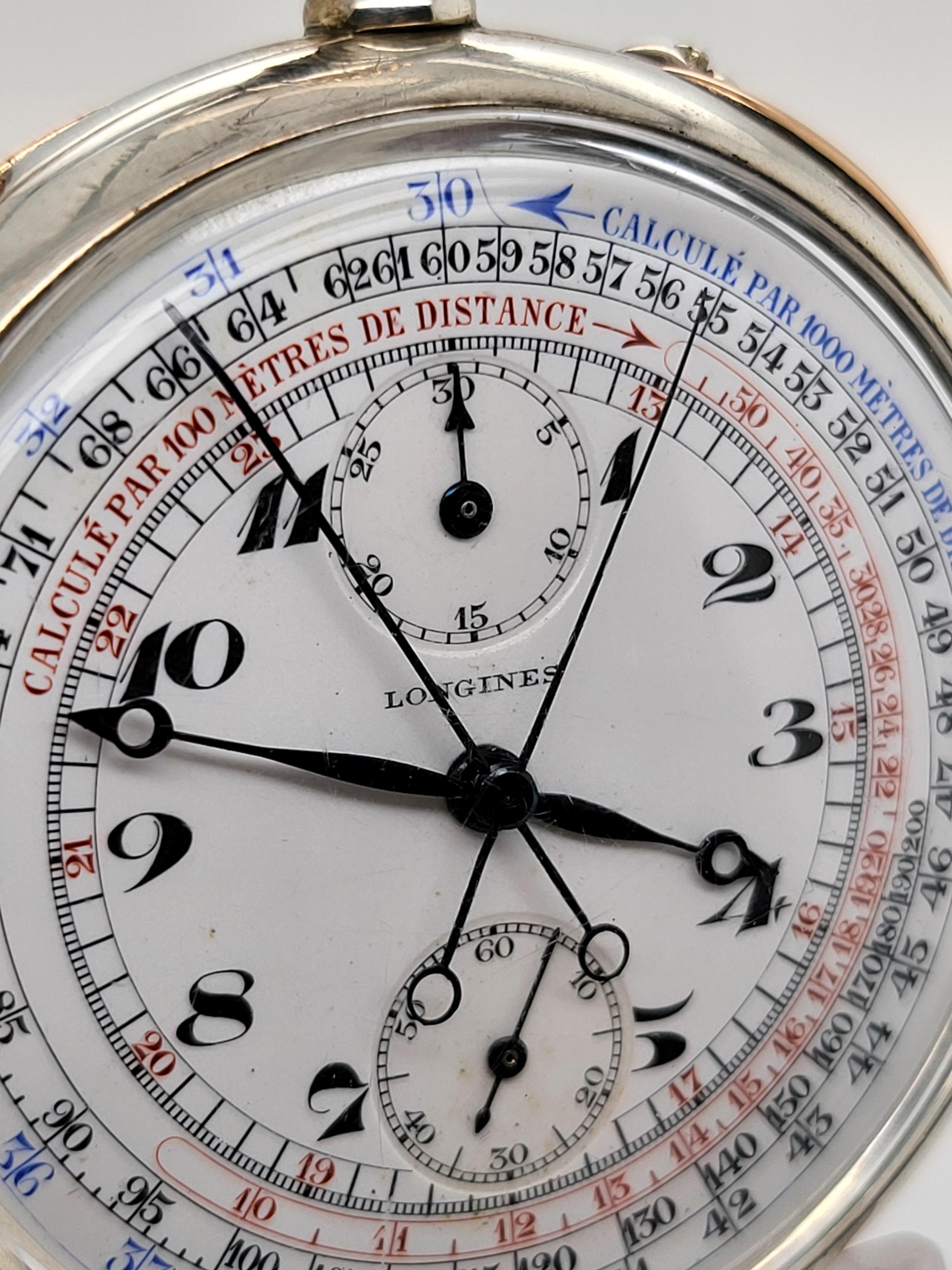 Longines Silver Pocket Watch Chronograph Rattrapante / Split Second  7 Grands Prix

Extermely rare and collectible !

Dial : Enamel with scales in different colors 

Case : 0.935 Solid SIlver