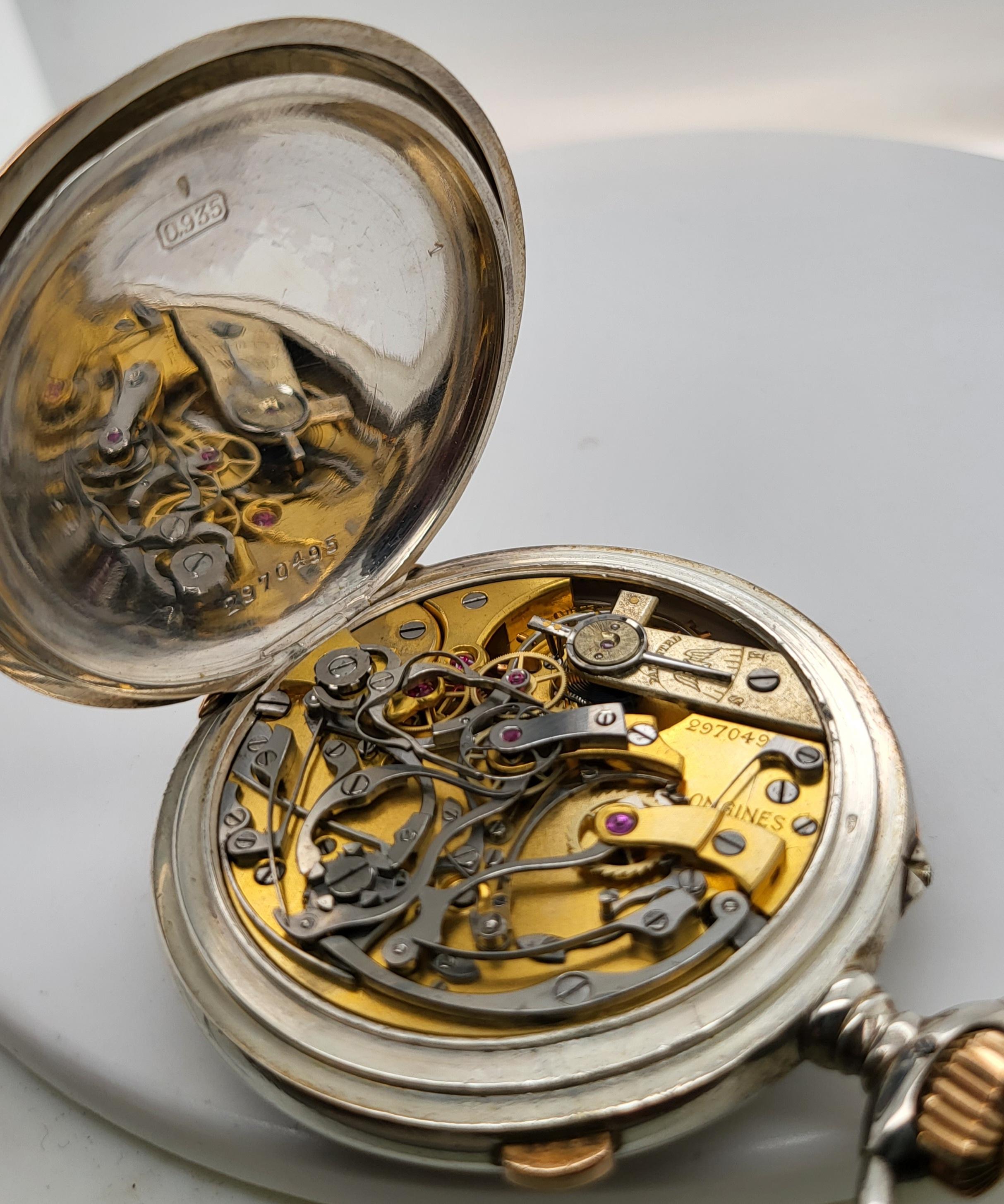 Montre de poche Longines Silver Pocket Chronograph Rattrapante/Split Second 7 Grands Prix Excellent état à Antwerp, BE