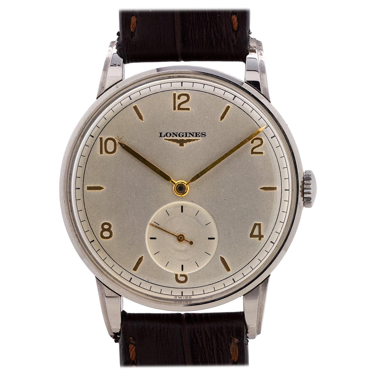 Longines Stainless Steel Dress manual wind Wristwatch, circa 1951 For Sale