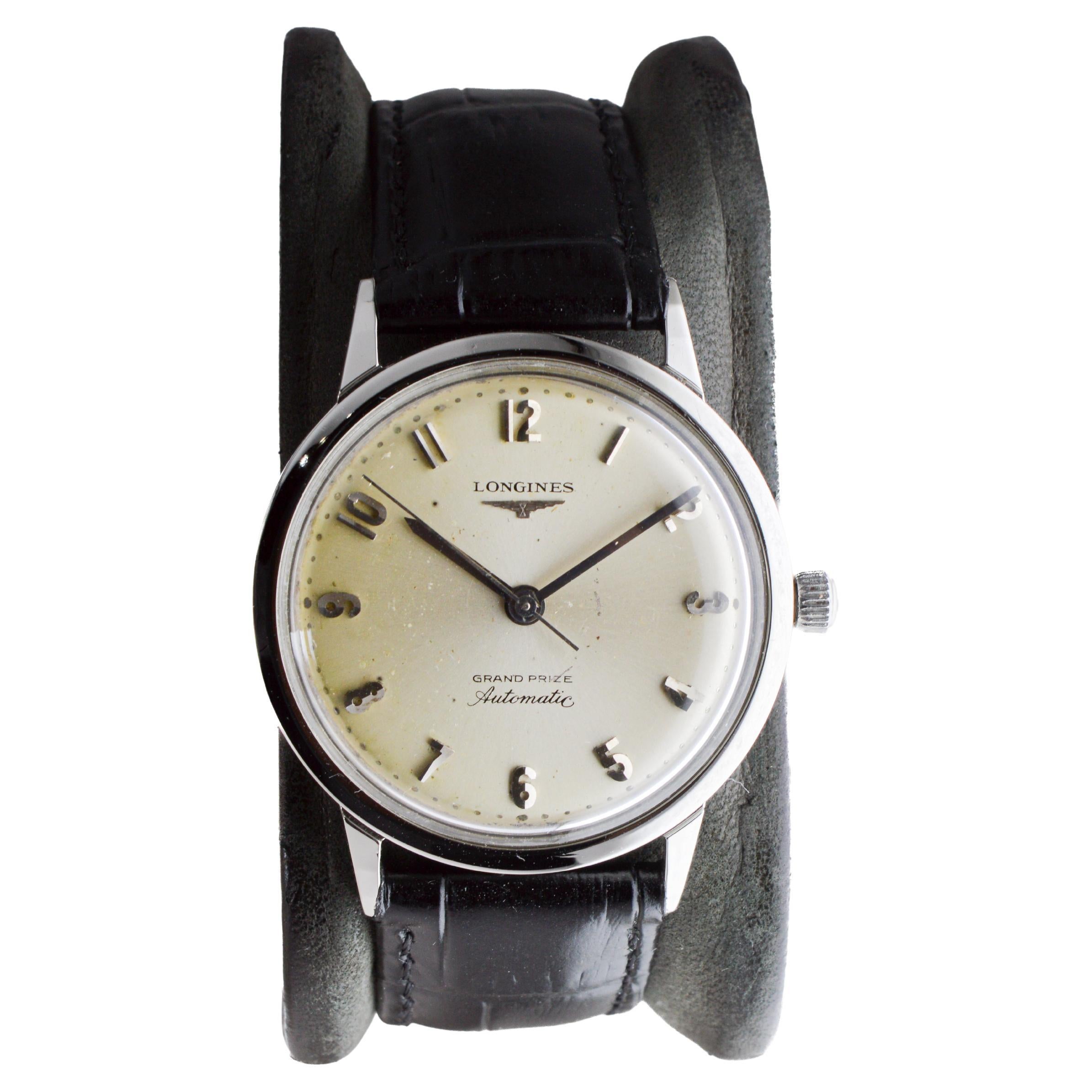Longines Edelstahl "Grand Prize" Art Deco Uhr mit Original-Zifferblatt 1950er Jahre im Angebot