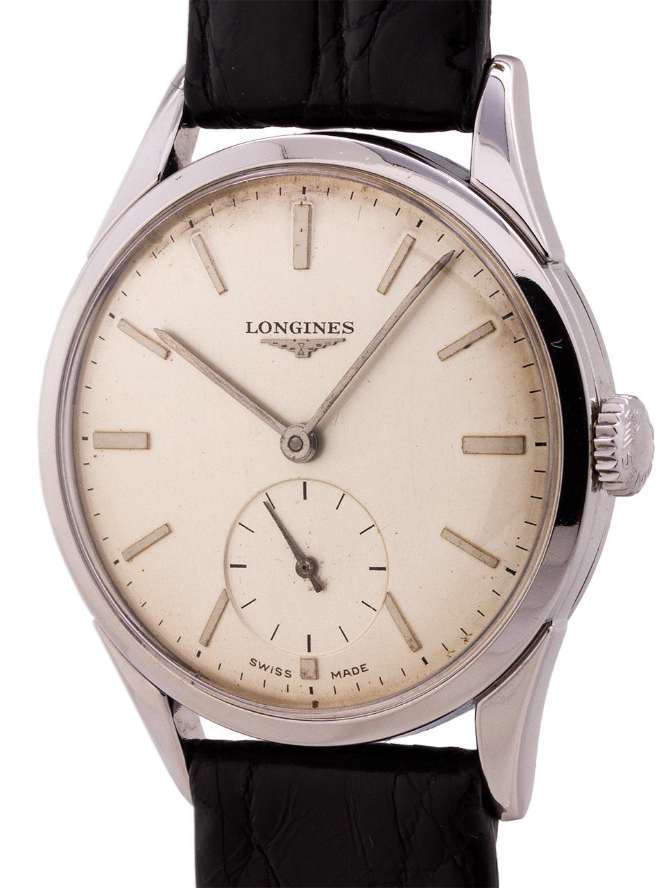 Longines Stainless Steel Midcentury Design manual wind wristwatch, circa 1956 In Excellent Condition In West Hollywood, CA