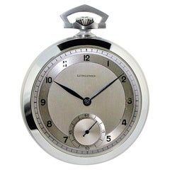 Longines Steel Art Deco Open Face Pocket Watch Original Dial, circa 1930s