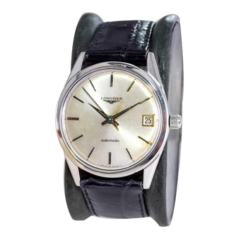 Modernist Longines Steel Mid Century Automatic with Original Dial circa 1960's For Sale