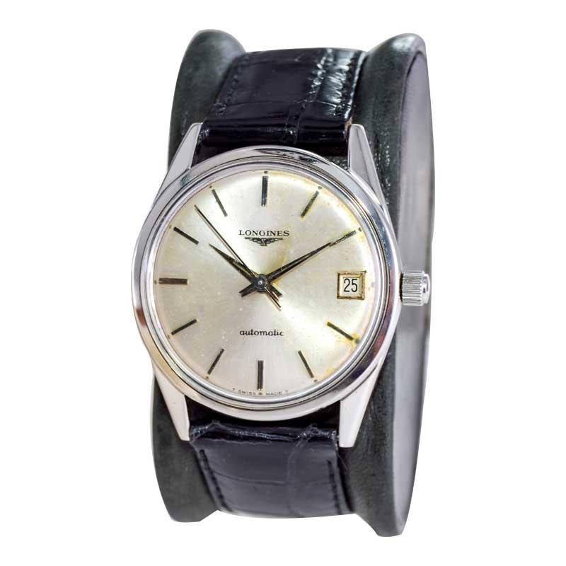 Modernist Longines Steel Mid Century Automatic with Original Dial circa 1960's For Sale