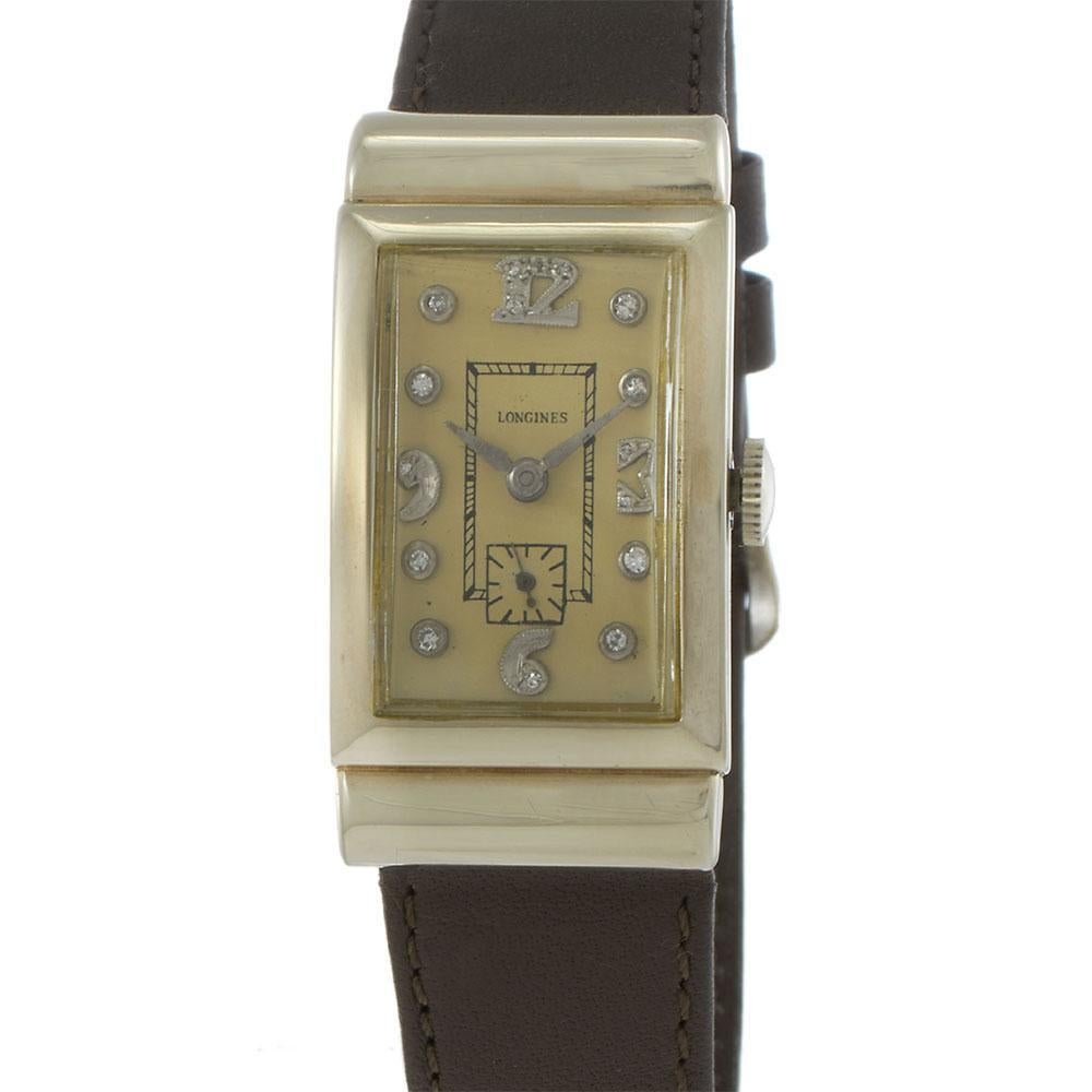 Longines Vintage 14KT White Gold Silver Dial 21.5 x 40.5MM – Manual Wind (1942) In Good Condition For Sale In New York, NY