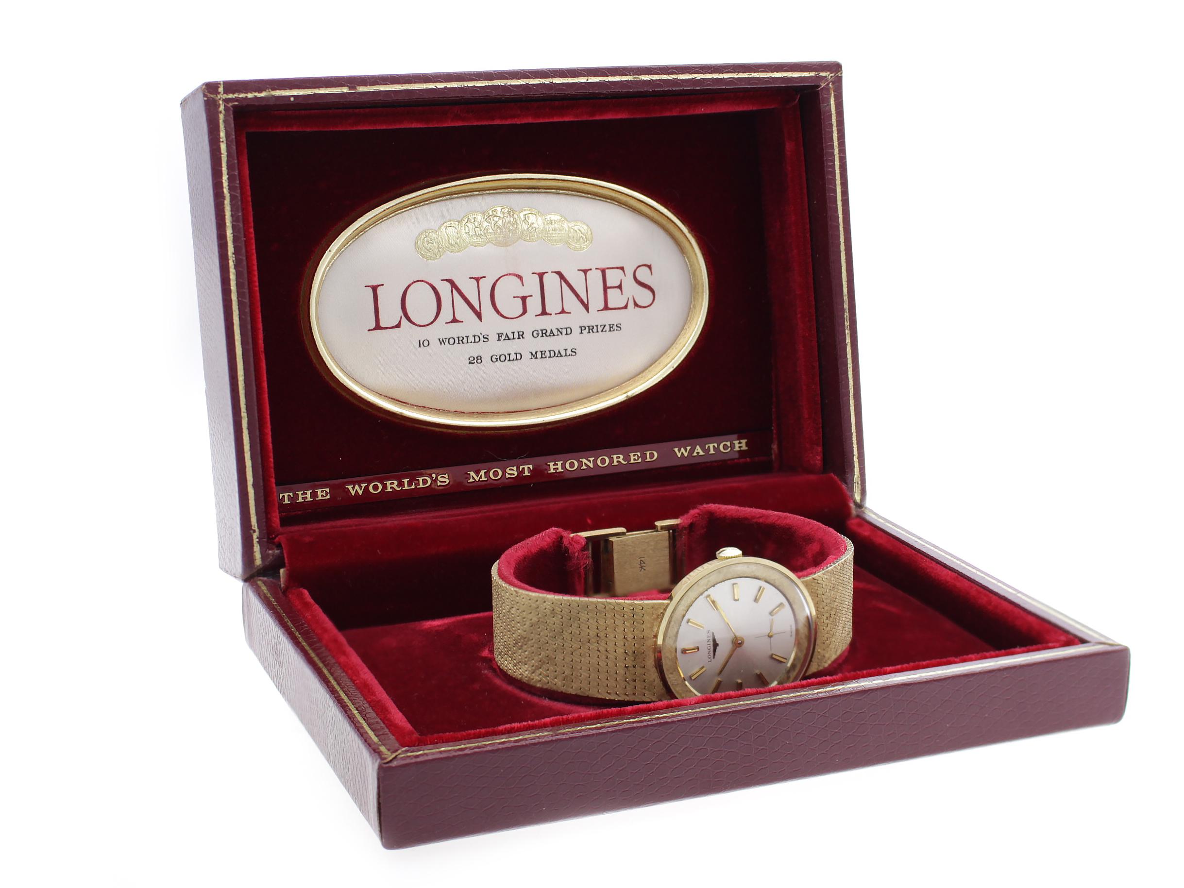 14K Solid Yellow Gold Longines Vintage watch with brushed 14K Yellow Gold Bracelet. Comes with original box.

Watch

Brand:

Longines

Series:

Vintage

Model #:

N/A

Gender:

Ladies’

Condition:

Fair Condition Pre-owned, Scratches, Wear, &