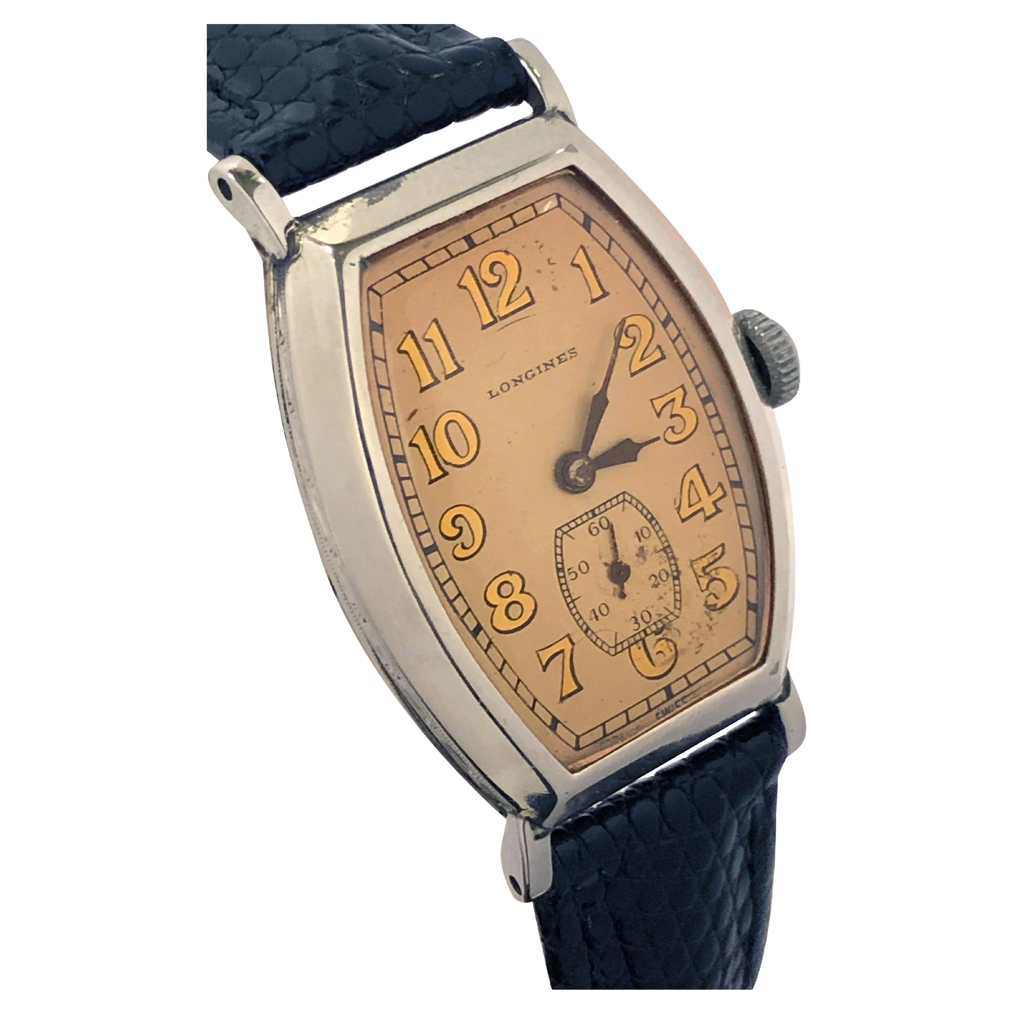 Longines Vintage Gents Tonneau Art Deco en or blanc rempli de métal  Boîtier Montre-bracelet