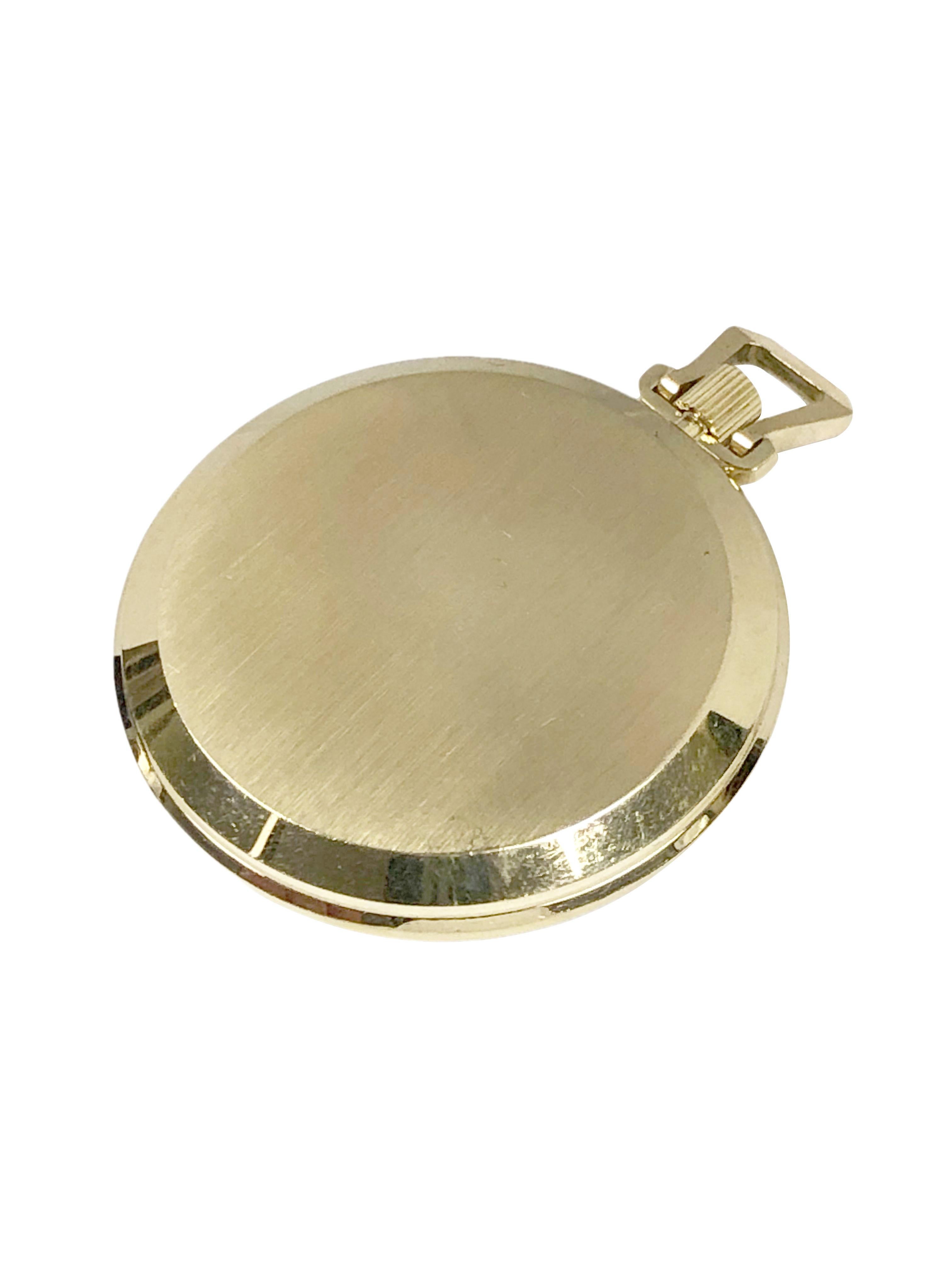 Circa 1950s Longines Pocket Watch,  44 M.M. 14K Yellow Gold 3 piece case, 17 Jewel mechanical, Manual wind movement. Silver satin dial with raised Gold markers and a sub seconds chapter. A very nice clean almost unused solid Gold watch perfect for