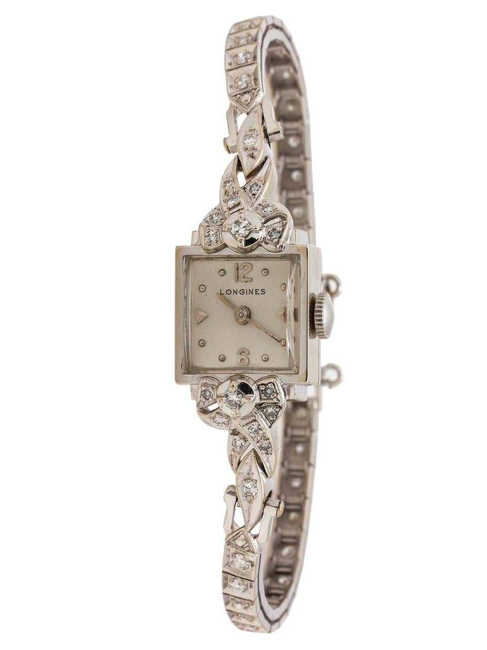 Women's Longines White Gold Diamond manual wind Cocktail Wristwatch, circa 1951