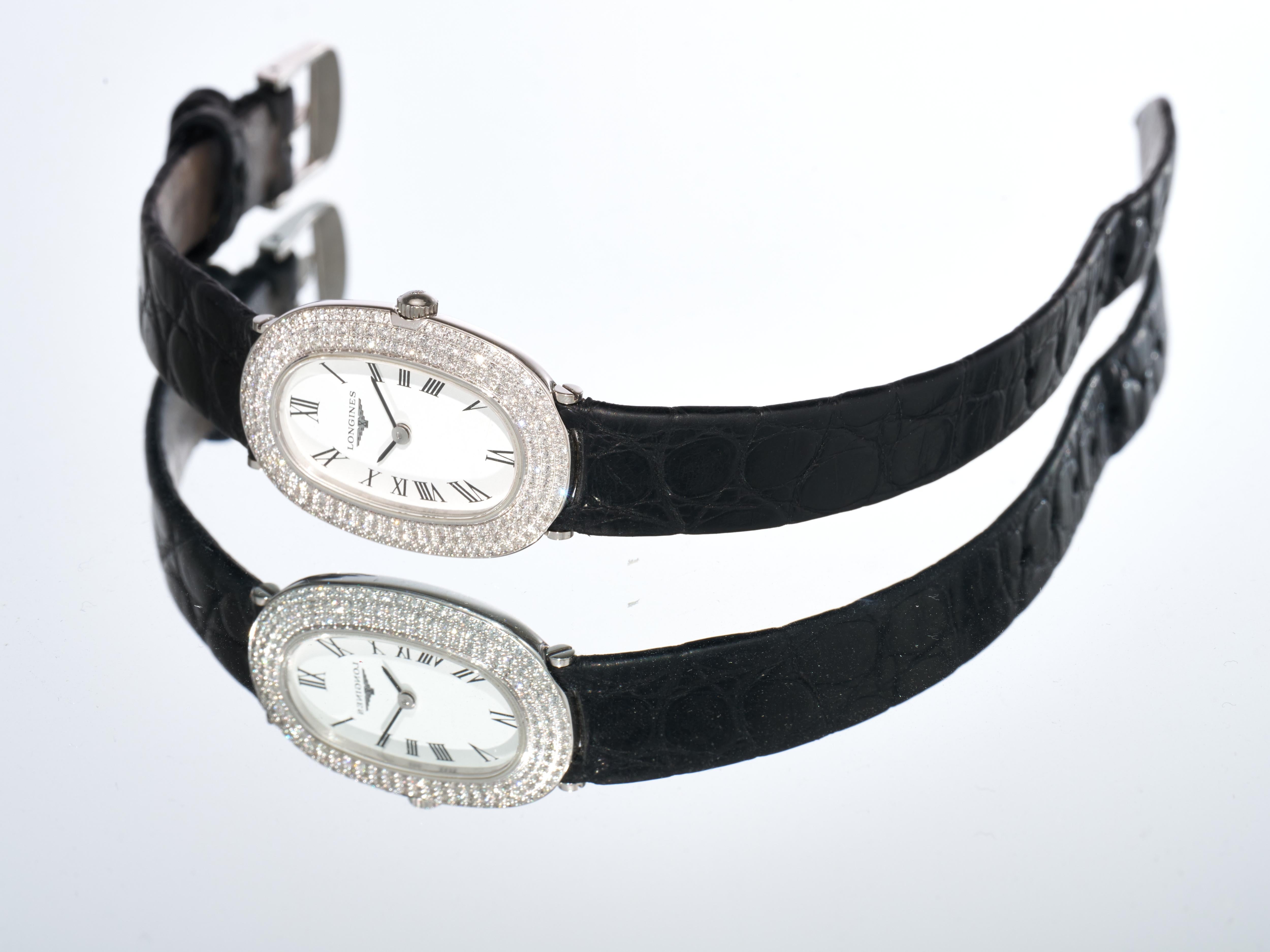 Longines Oro Blanco Diamante 20mm Reloj Baignoire Señora 18K Cuarzo Prestige FS en venta 7