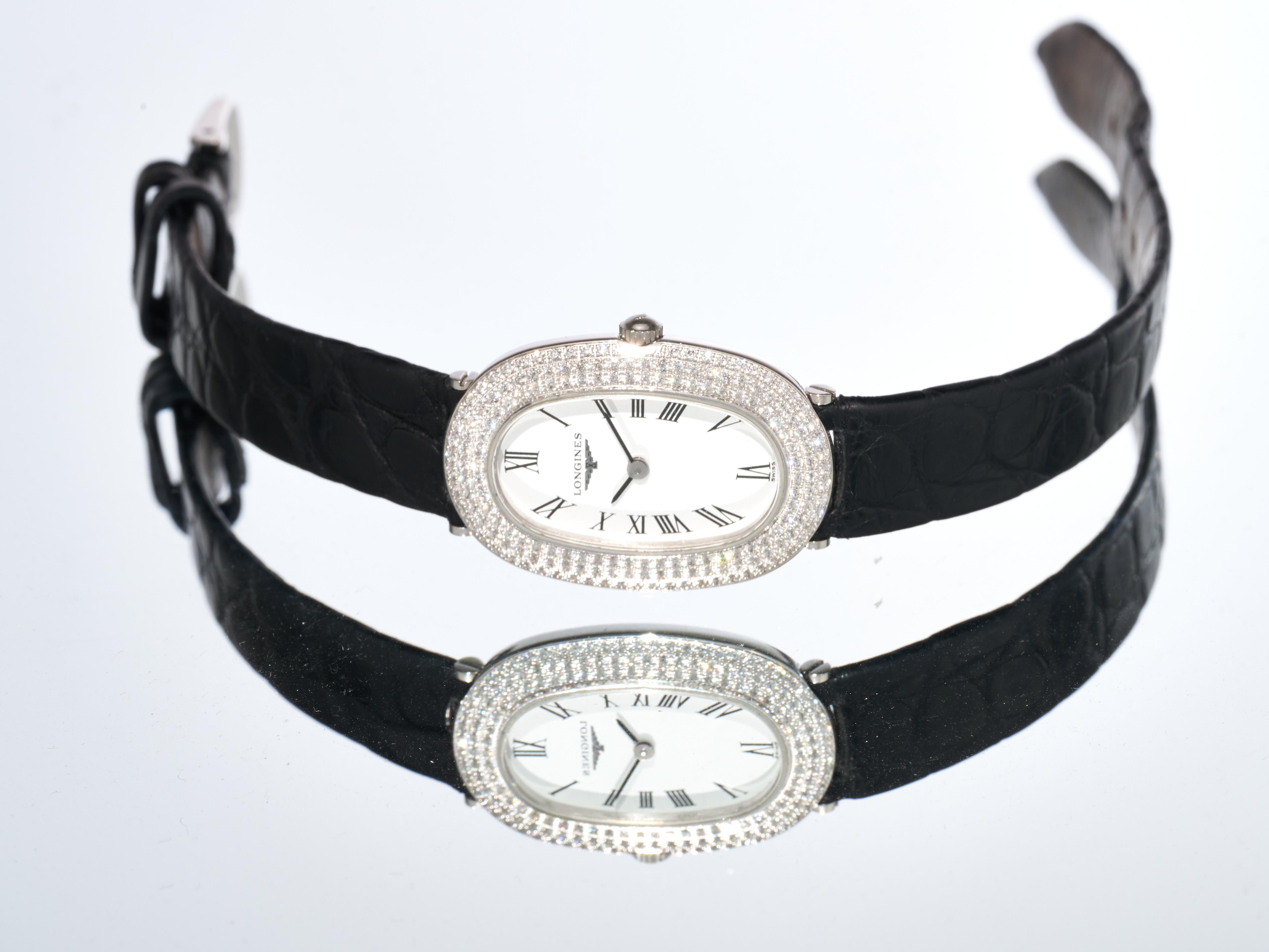 Longines Oro Blanco Diamante 20mm Reloj Baignoire Señora 18K Cuarzo Prestige FS en venta 8