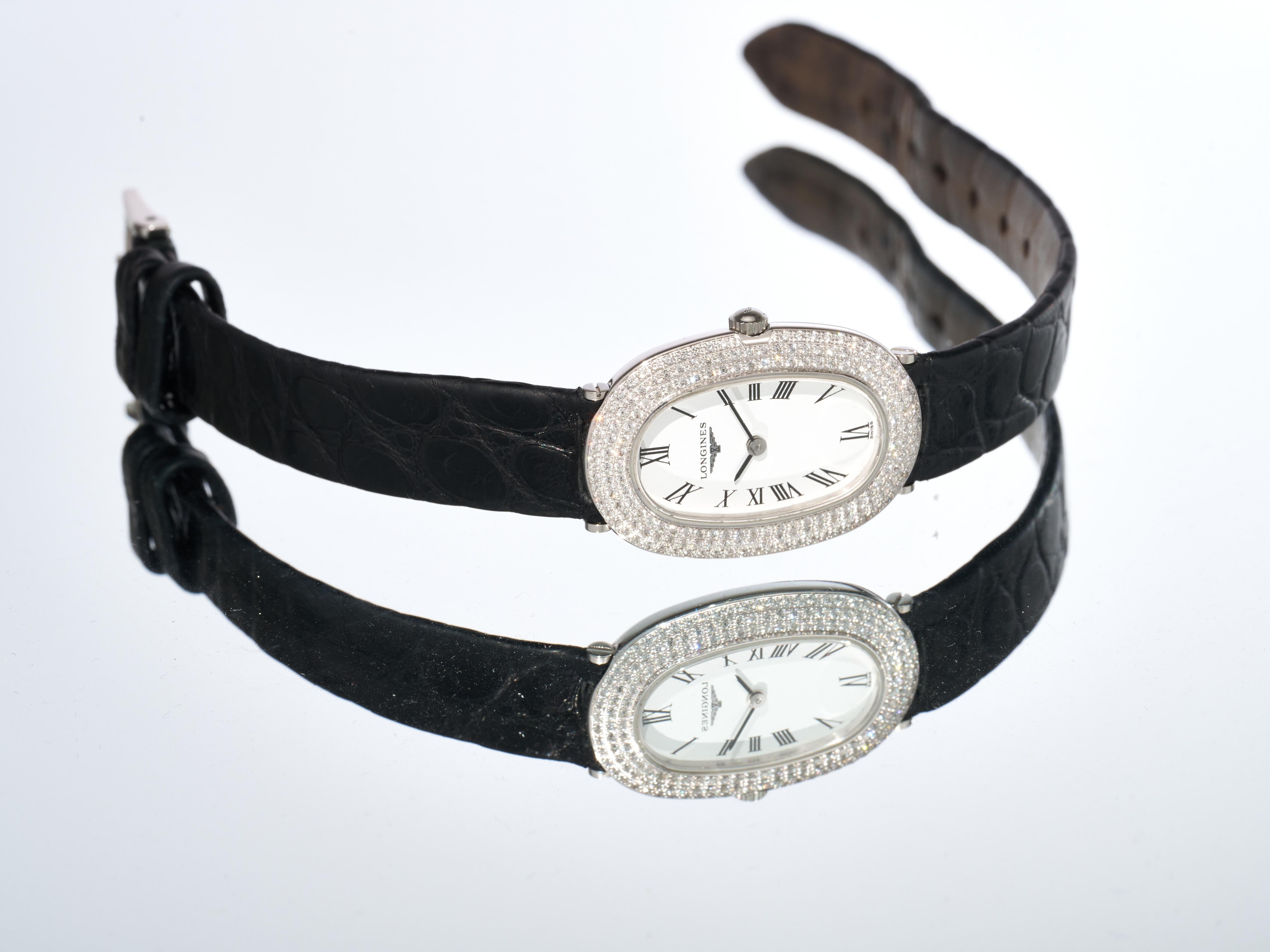 Longines Oro Blanco Diamante 20mm Reloj Baignoire Señora 18K Cuarzo Prestige FS en venta 9