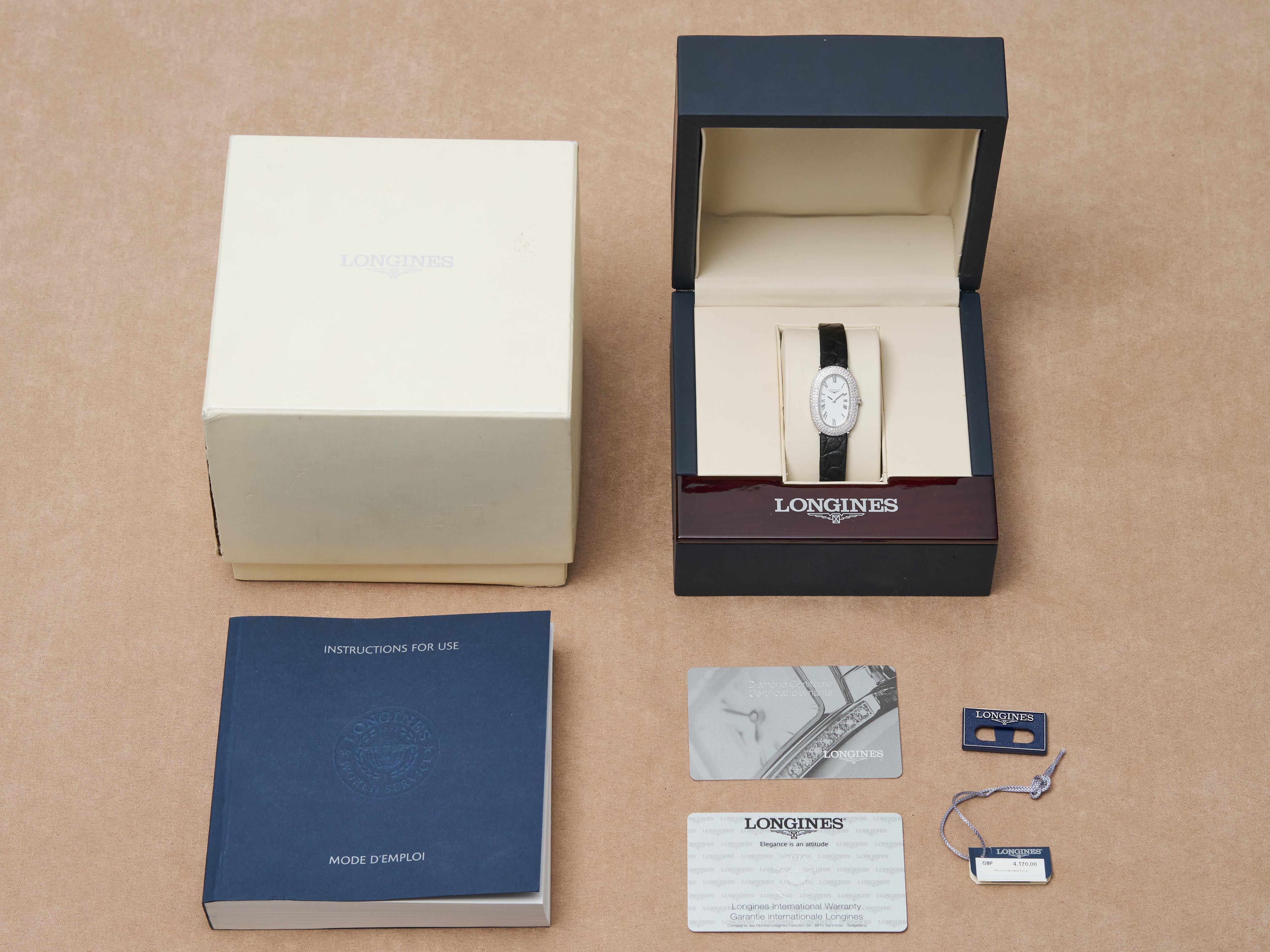 Longines Oro Blanco Diamante 20mm Reloj Baignoire Señora 18K Cuarzo Prestige FS en venta 13