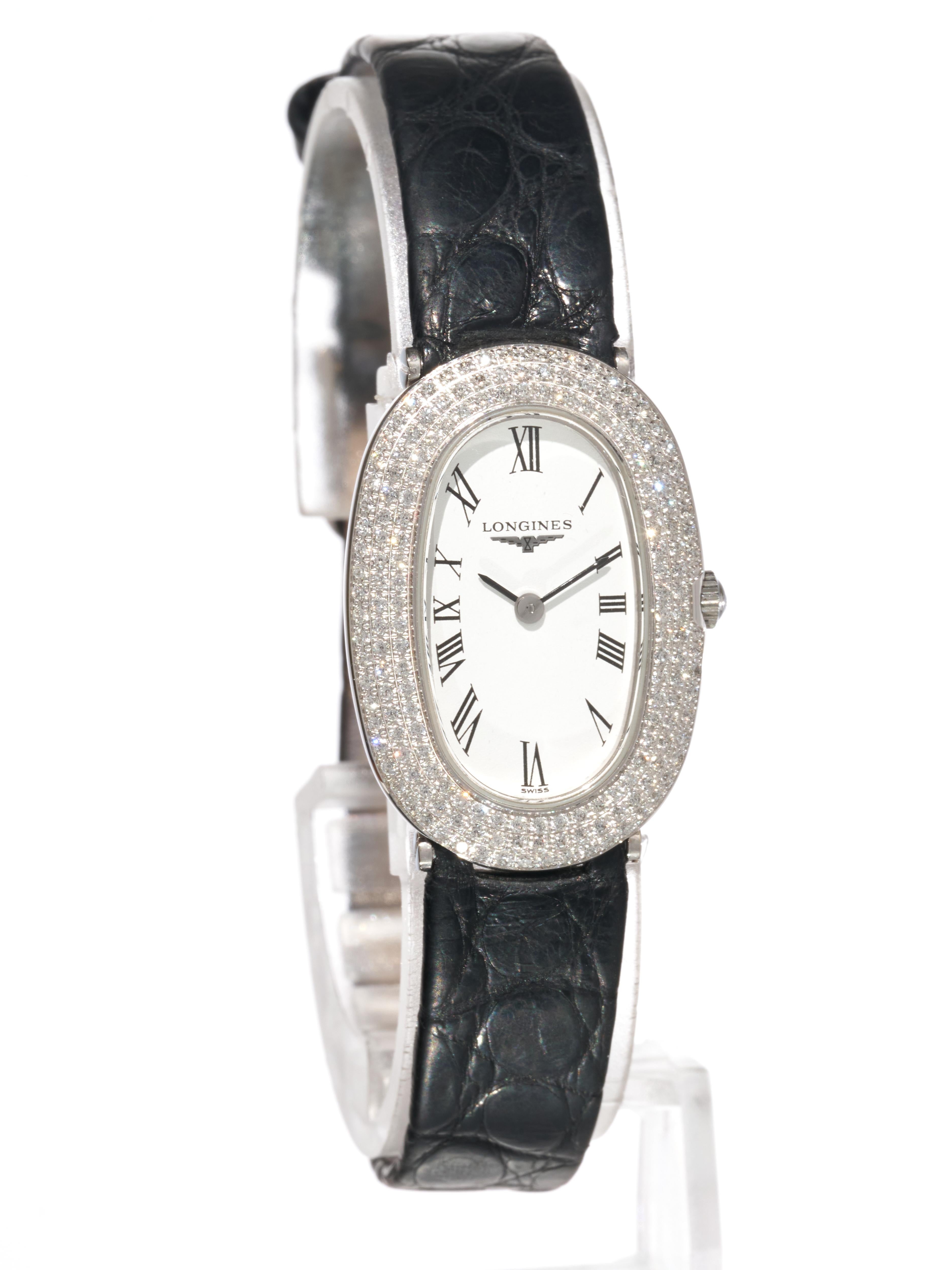 Fork In Time se enorgullece de ofrecer en el mercado 1st Dibs:

Longines 
Prestigio Oro Oval 20,4
Reloj de señora 
Oro blanco 18 ct
Bisel de diamantes engastado en fábrica

Referencia L4.225.7.18.2

171 Diamantes VVS con un total de 0,86