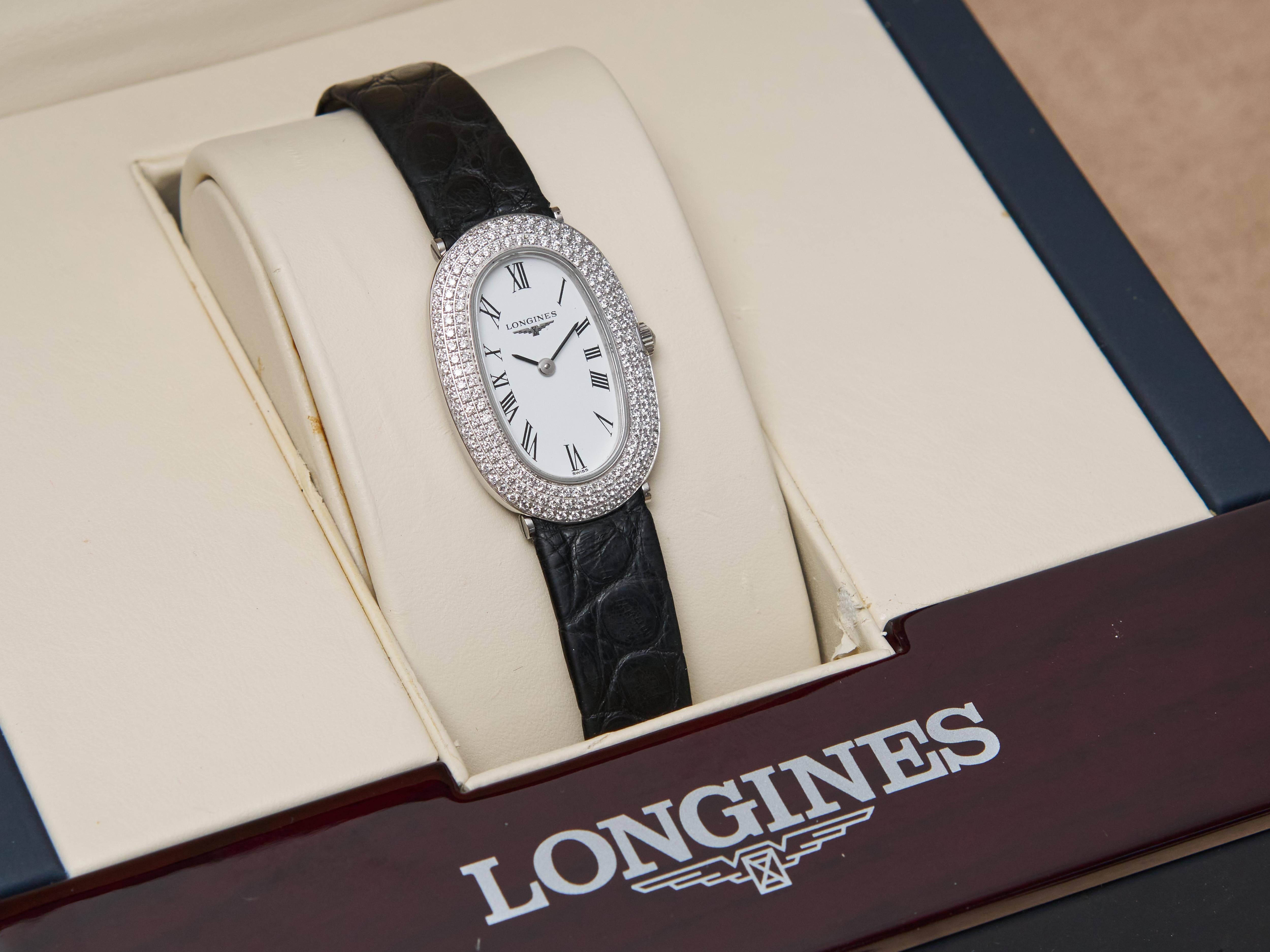 Longines Oro Blanco Diamante 20mm Reloj Baignoire Señora 18K Cuarzo Prestige FS en venta 14