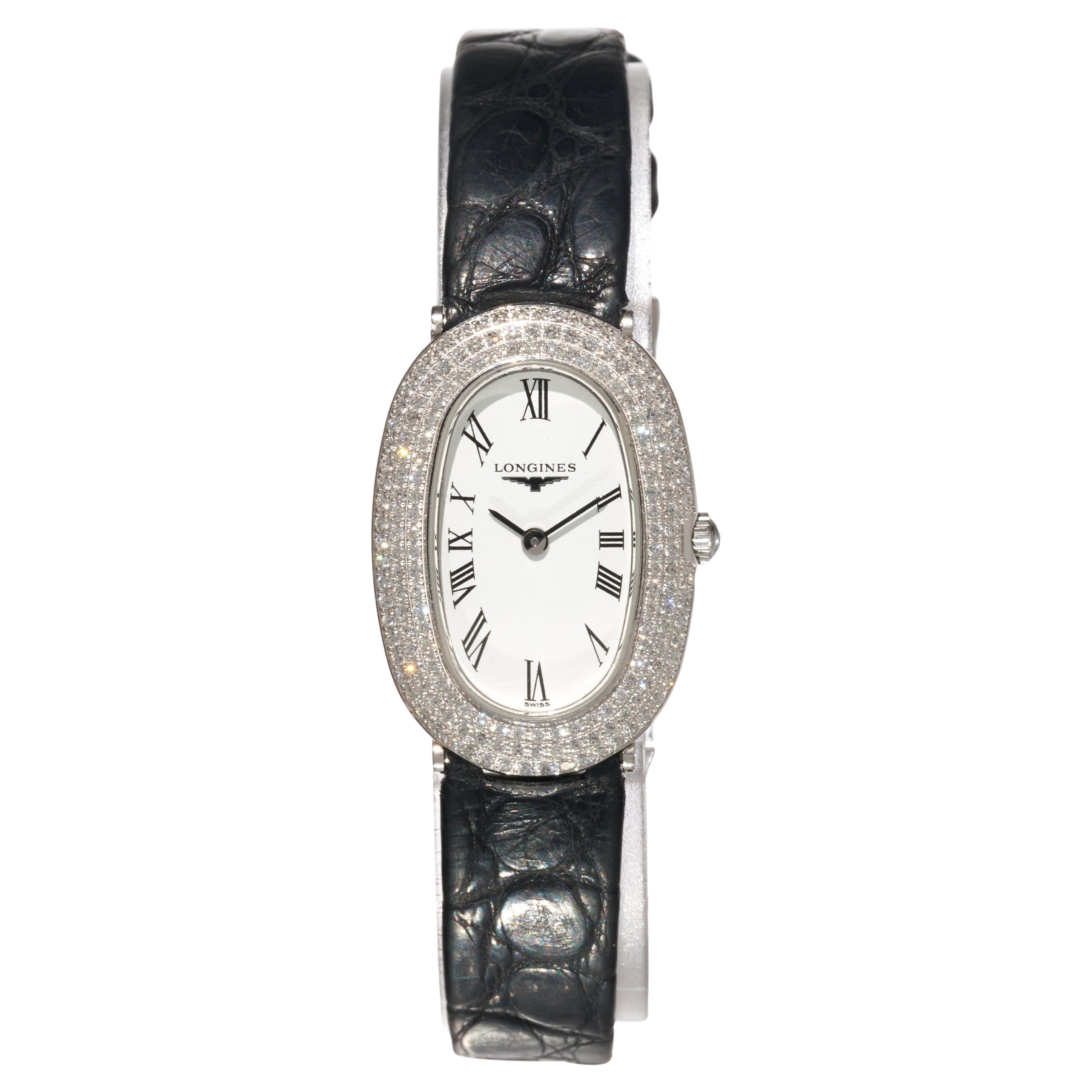 Longines Oro Blanco Diamante 20mm Reloj Baignoire Señora 18K Cuarzo Prestige FS