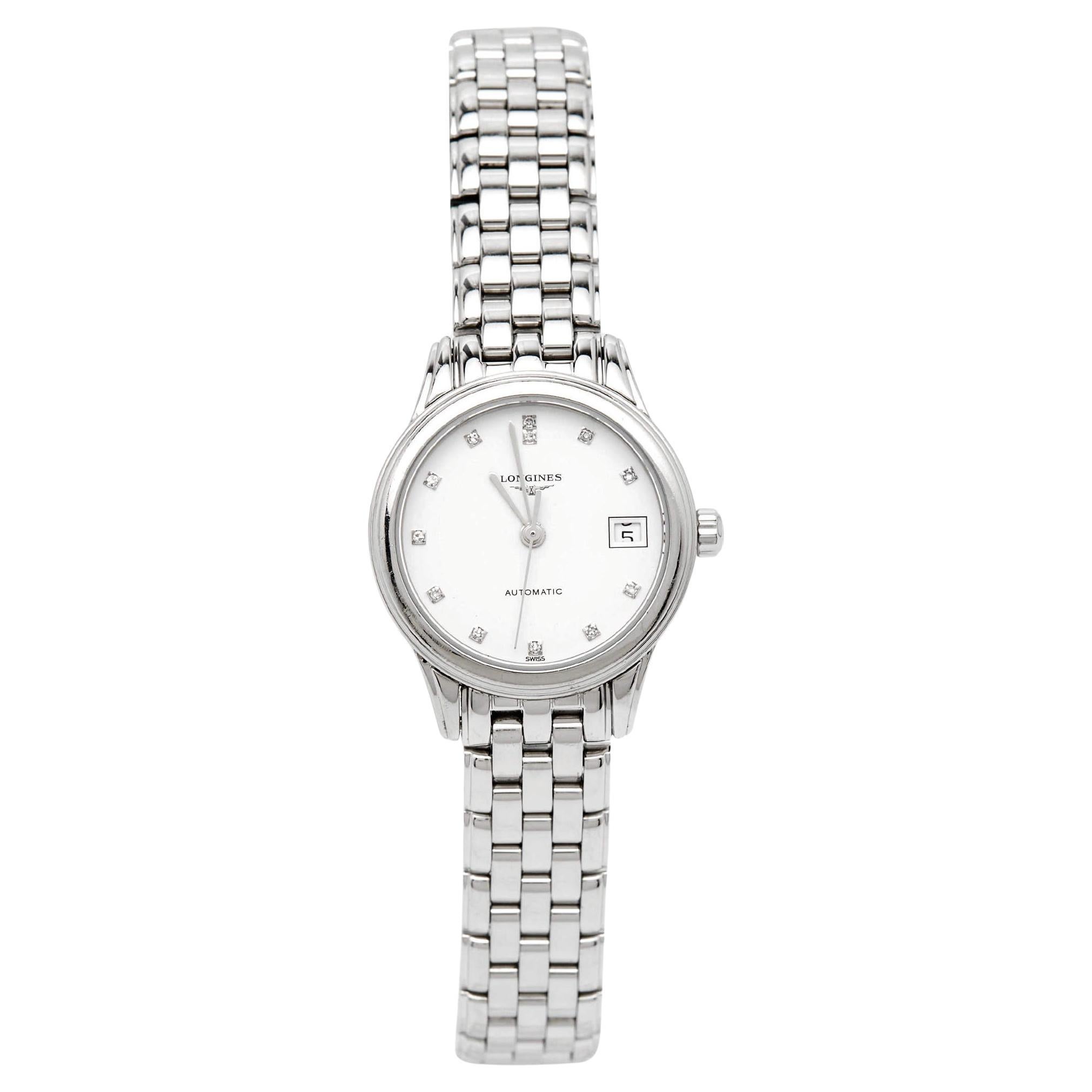 Longines White Stainless Steel Diamond Flagship L4.274.4.27.6 Women's Wristwatch