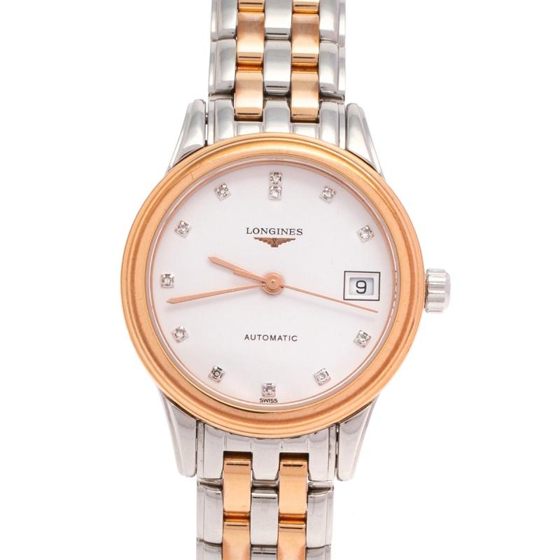 Contemporary Longines White Two-Tone Diamonds Flagship Women's Wristwatch 26 mm