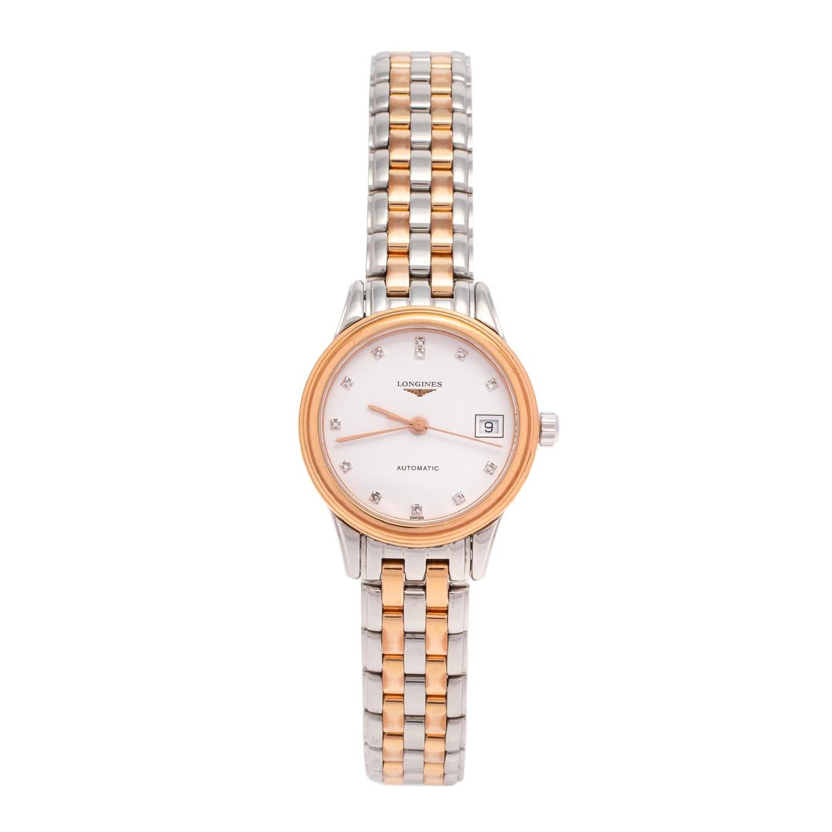 Longines White Two-Tone Diamonds Flagship Women's Wristwatch 26 mm