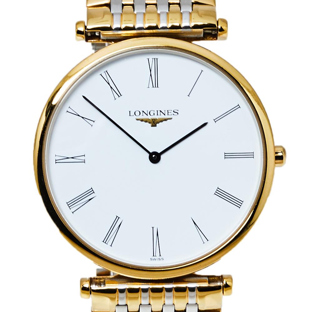 Longines White Two-Tone Stainless Steel La Grande De Men's Wristwatch 33 mm In Good Condition In Dubai, Al Qouz 2