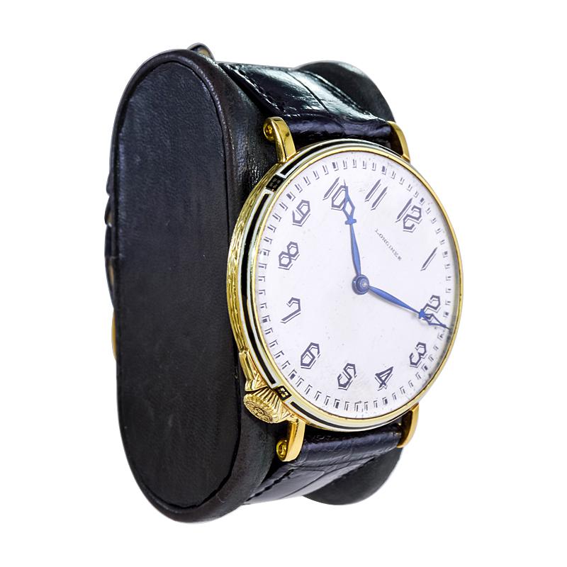 FACTORY / HOUSE: Longines Watch Company
STYLE / REFERENCE:  Art Deco / Pocket Wrist Watch
METAL / MATERIAL: 14Kt Solid 
DIMENSIONS: Length 42mm X Diameter 38mm
CIRCA: 1920's
MOVEMENT / CALIBER: Manual Winding /  17 Jewels / Cal. 17.89
DIAL / HANDS: