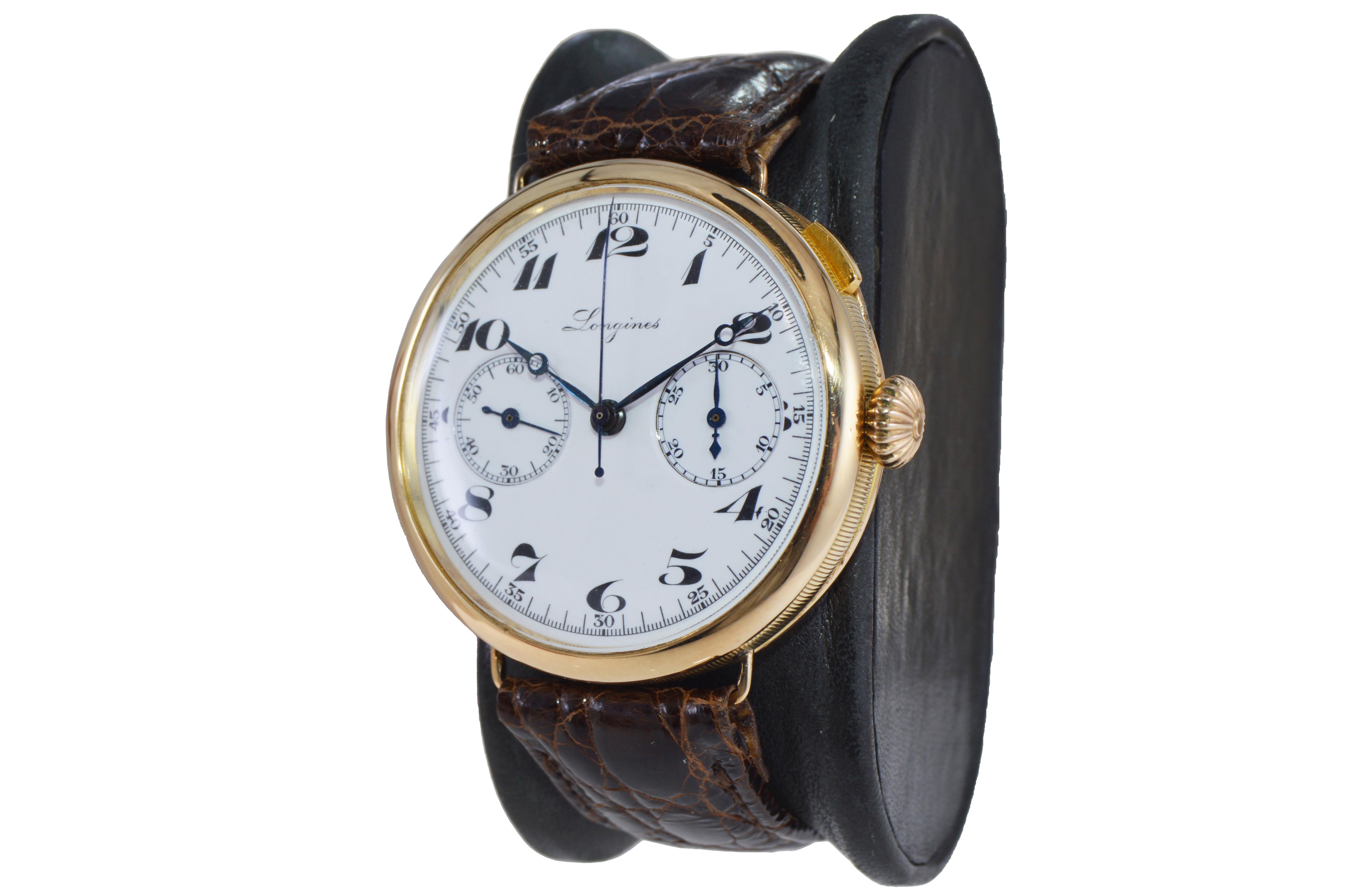 Longines Yellow Gold Enamel Dial Military Chronograph Manual Watch from 1933 For Sale 2