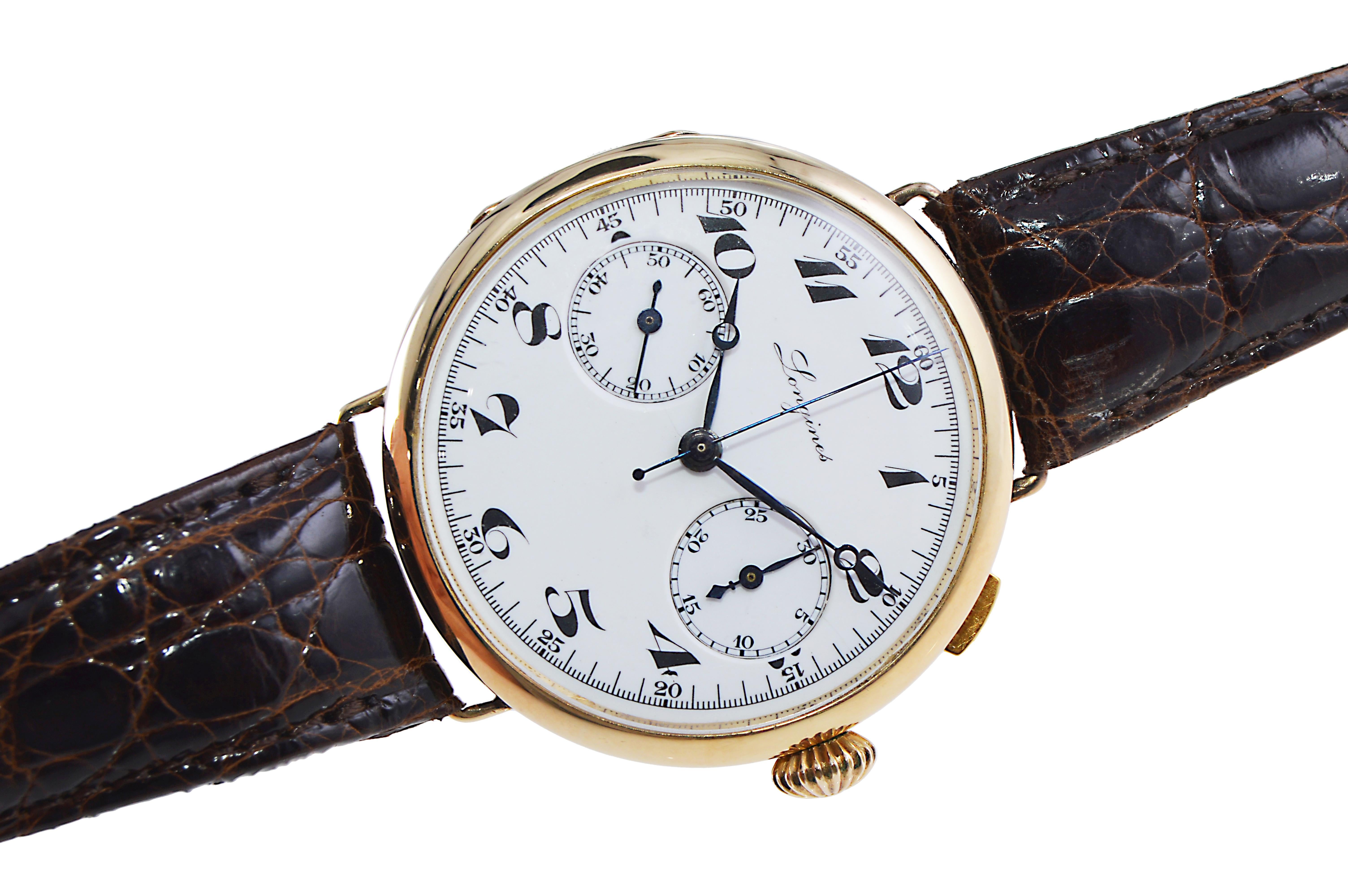Longines Yellow Gold Enamel Dial Military Chronograph Manual Watch from 1933 For Sale 4