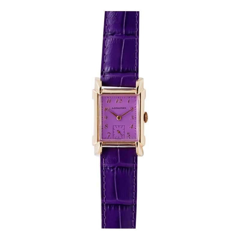 Longines Yellow Gold Filled Art Deco Tank Watch with Custom Finished Purple Dial 6