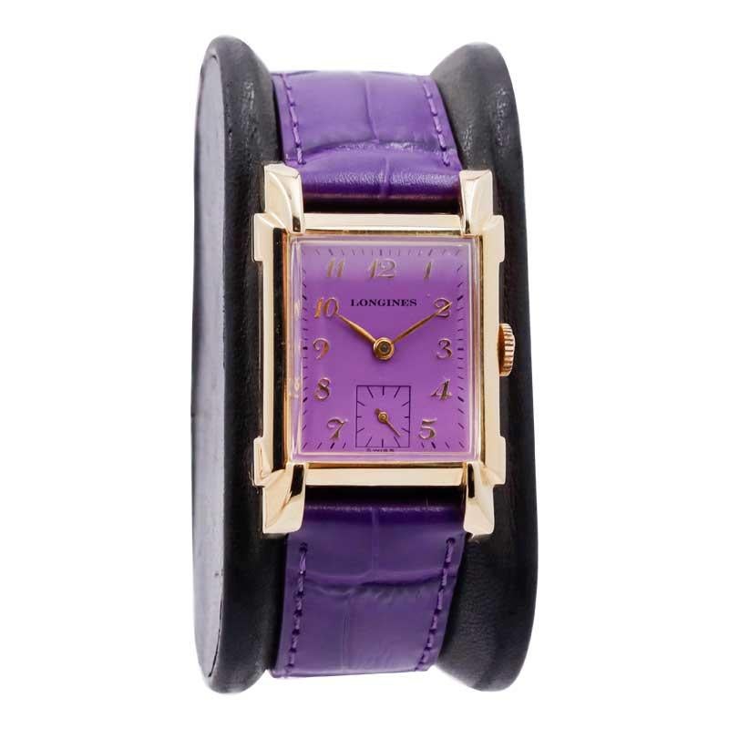 Longines Yellow Gold Filled Art Deco Tank Watch with Custom Finished Purple Dial In Excellent Condition In Long Beach, CA