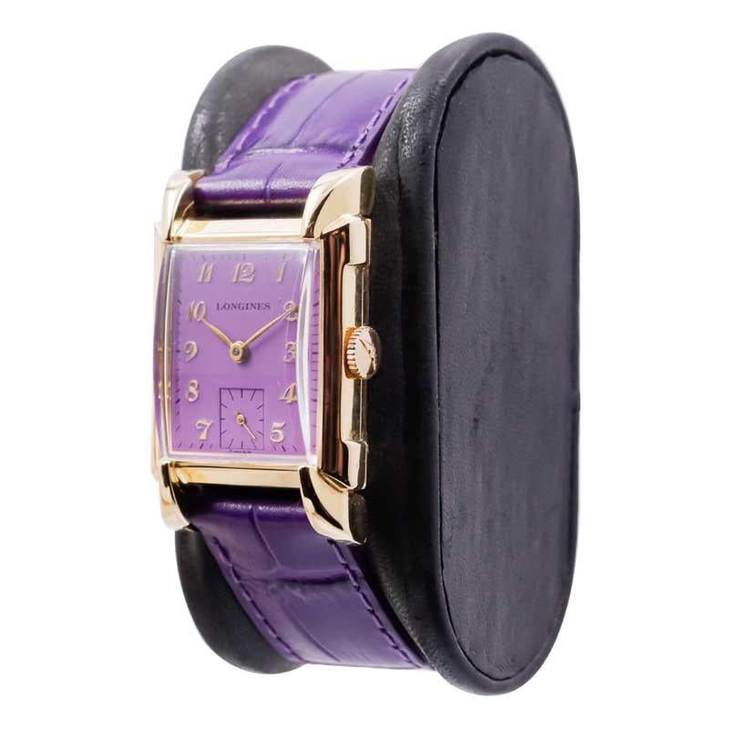 Women's or Men's Longines Yellow Gold Filled Art Deco Tank Watch with Custom Finished Purple Dial