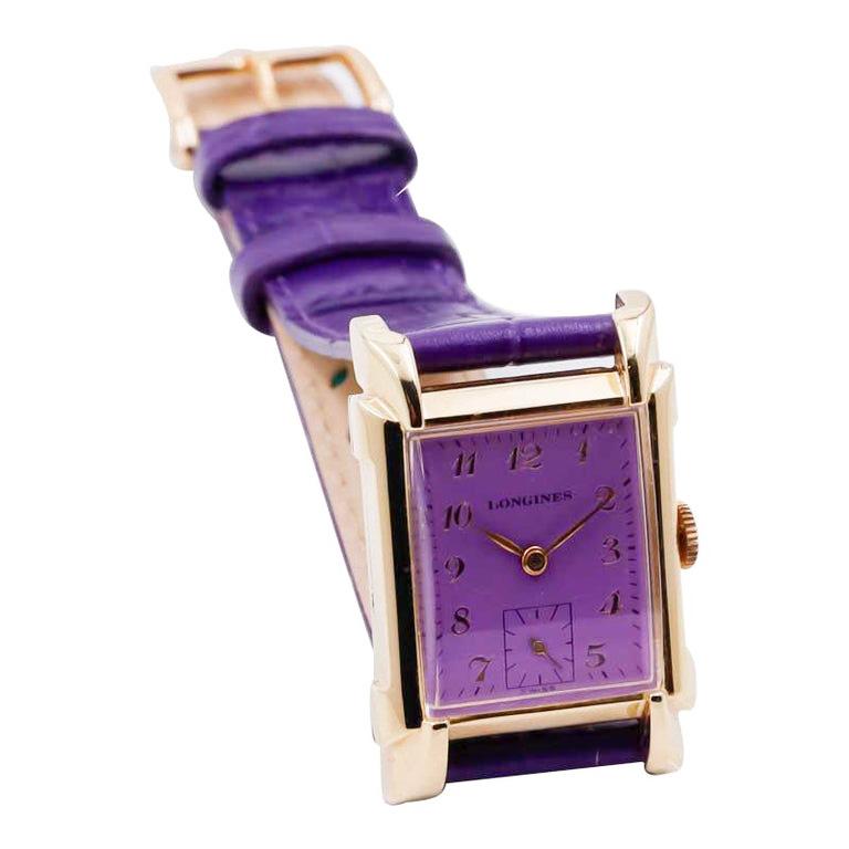 Longines Yellow Gold Filled Art Deco Tank Watch with Custom Finished Purple Dial 1