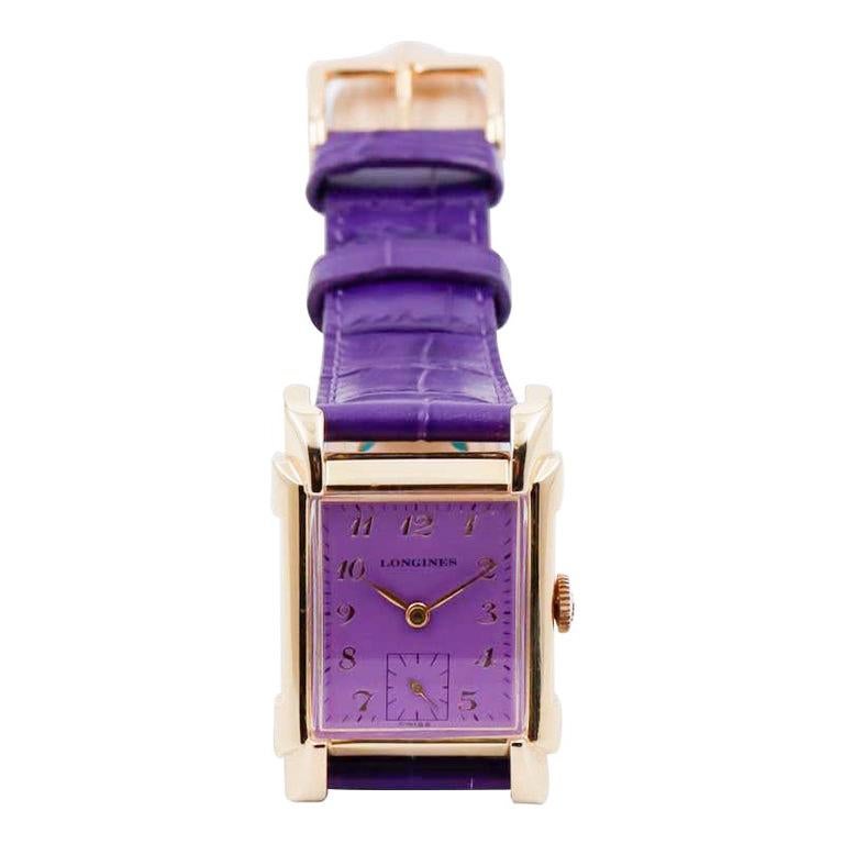 Longines Yellow Gold Filled Art Deco Tank Watch with Custom Finished Purple Dial 2