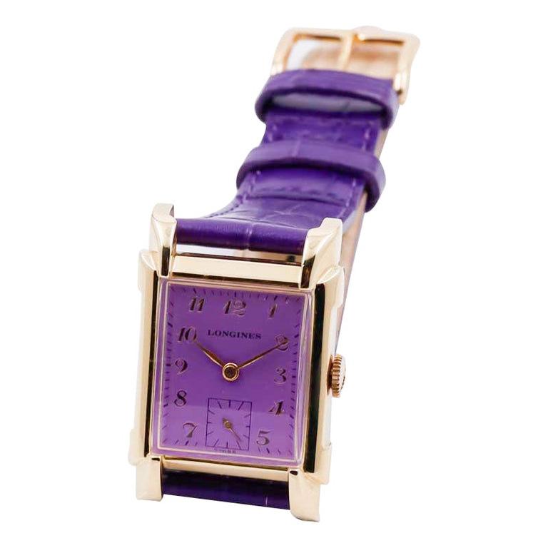 Longines Yellow Gold Filled Art Deco Tank Watch with Custom Finished Purple Dial 3